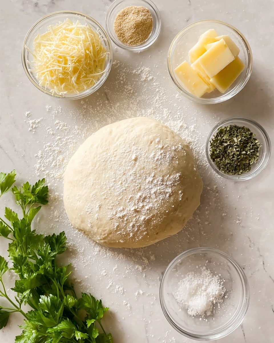 A round, smooth dough ball dusted lightly with flour sits in the center on a white marbled surface. Surrounding the dough are five small clear glass bowls each containing an ingredient: finely grated cheese with a pale yellow color in the top right, a light brown powder top left, a chunk of yellow butter bottom center, coarse salt to the right of the dough, and dried green herbs just below the salt. Fresh green parsley leaves lie to the left of the dough on the surface. The ingredients and dough are evenly spaced in a top-down view, showing clear textures and natural light shadows. Photo taken with an iphone --ar 4:5 --v 7