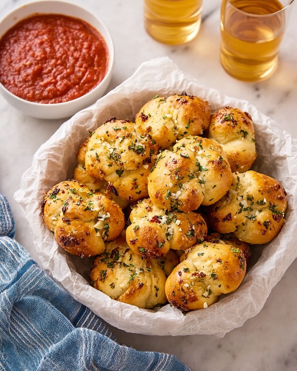 A round white bowl lined with white parchment paper holds about fifteen golden brown garlic knots, each knot topped with bits of green parsley and white garlic pieces. The knots have a slightly shiny texture from a garlic butter coating, with some edges toasted darker brown. Behind the bowl, a white bowl filled with chunky red marinara sauce sits on a white marbled surface. To the right, two clear glasses filled with light amber liquid are partially visible. A blue and white striped cloth is under the bowl on the left side. photo taken with an iphone --ar 4:5 --v 7