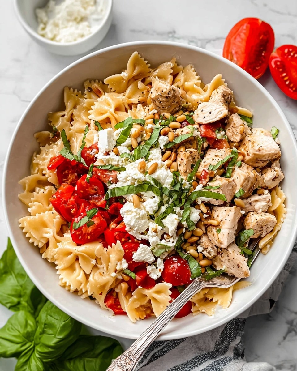 A bowl filled with three main layers: at the bottom there is light orange farfalle pasta, the middle layer has diced bright red tomatoes and small pieces of beige cooked chicken with some browned edges, and the top layer includes white crumbled cheese and fresh green basil leaves chopped into strips, all mixed together. The bowl is white and sits on a white marbled surface with scattered whole basil leaves and tomato halves around it. A silver spoon stands inside the bowl, and a woman's hand partially holds the spoon. Nearby, there is a small white bowl filled with more crumbled white cheese. Photo taken with an iphone --ar 4:5 --v 7