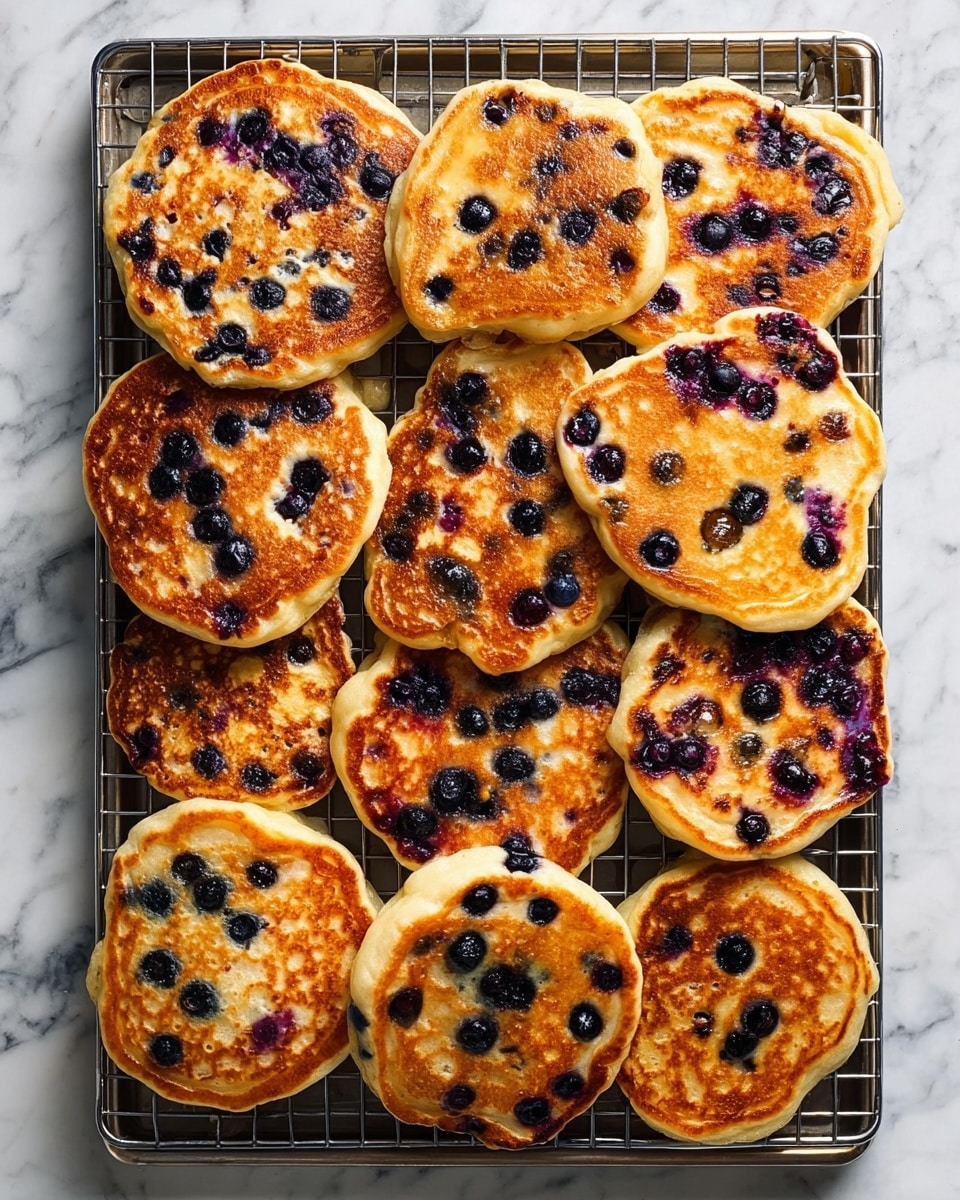 A metal tray filled with twelve golden-brown blueberry pancakes, each pancake thick and round with a slightly uneven edge. The pancakes have many dark purple blueberries embedded on the top surface, which show juicy textures contrasting with the soft, fluffy batter. They are arranged closely but not overlapping, resting on a metal cooling rack. The tray is placed on a white marbled surface. photo taken with an iphone --ar 4:5 --v 7