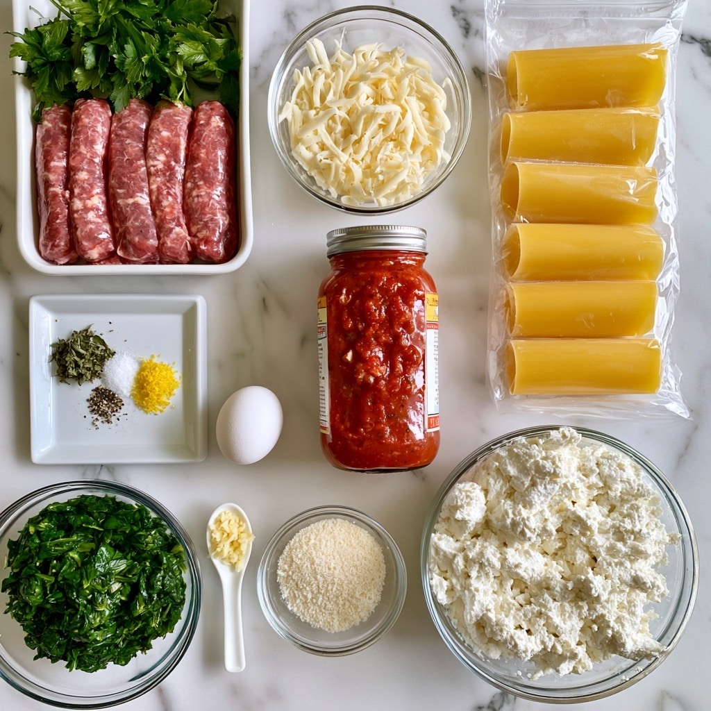 The image shows several cooking ingredients arranged neatly on a white marbled surface. There is a white rectangular tray filled with raw Italian sausage in the top left area. Above it are fresh green parsley leaves as garnish. To the right, a small white square plate holds dried basil, salt, pepper, and bright yellow lemon zest. A clear glass bowl near the top right contains shredded mozzarella cheese in off-white color. Below these is a single white egg. A glass jar with red marinara sauce sits in the center with a label showing pasta and tomatoes. On the right side, a clear plastic package holds large yellow uncooked manicotti pasta shells in two rows. Near the bottom left, there is a clear bowl filled with chopped green spinach leaves. Next to it, a small white spoon contains light yellow minced garlic. A small round glass bowl filled with finely grated parmesan cheese sits in the middle bottom. To the right, a larger clear glass bowl contains white, creamy ricotta cheese with a lumpy texture. All items are placed on a white marbled background. Photo taken with an iphone --ar 4:5 --v 7
