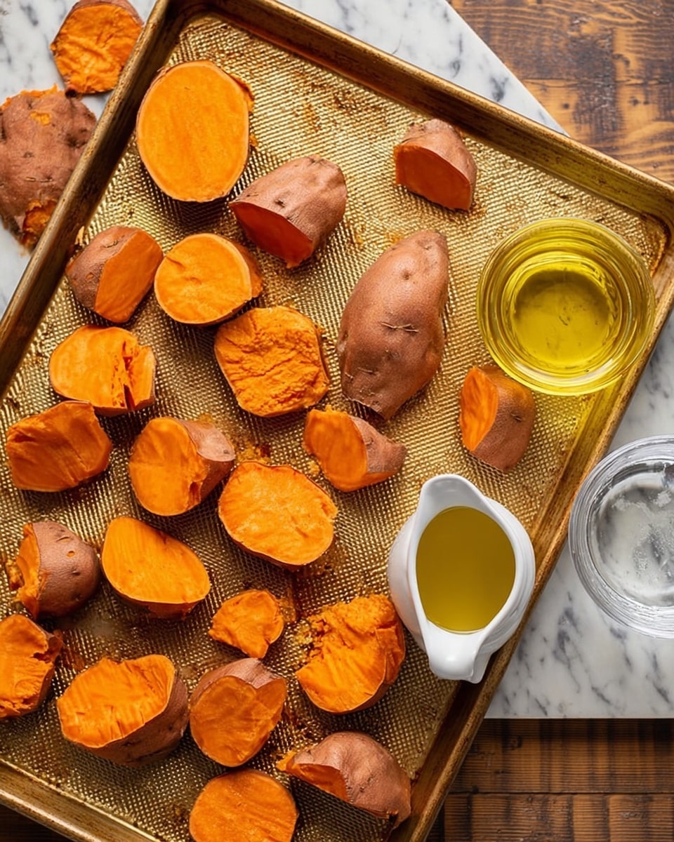 The image shows a baking tray filled with sweet potato pieces. Some pieces are whole with smooth orange skin, while others are broken open to reveal soft, bright orange flesh inside. The baking tray has a golden, textured surface and rests on a wooden table. To the right of the tray, there is a white small pitcher filled with a yellow liquid, likely oil, and next to it, a clear glass of water. The background surface is white marble texture. photo taken with an iphone --ar 4:5 --v 7