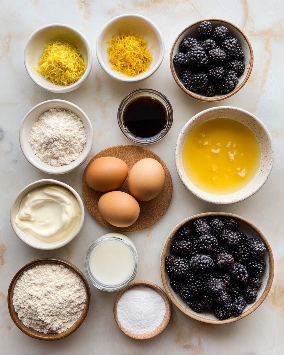 The image shows an array of ingredients neatly arranged on a white marbled surface. There are multiple small white bowls and brown bowls filled with various items: bright yellow lemon zest, dark brown vanilla extract, two light brown eggs on a small wooden coaster, a bowl full of blackberries with a deep purple-black color, melted yellow butter, white yogurt, white granulated sugar, and light beige flour. Smaller brown bowls hold white salt, white baking powder, and white baking soda. There is also a small glass of a milky liquid and a bowl of light-colored powder, likely almond flour or a similar ingredient. All the bowls are neatly spaced and the composition is clean and bright, showing all ingredients clearly. photo taken with an iphone --ar 4:5 --v 7