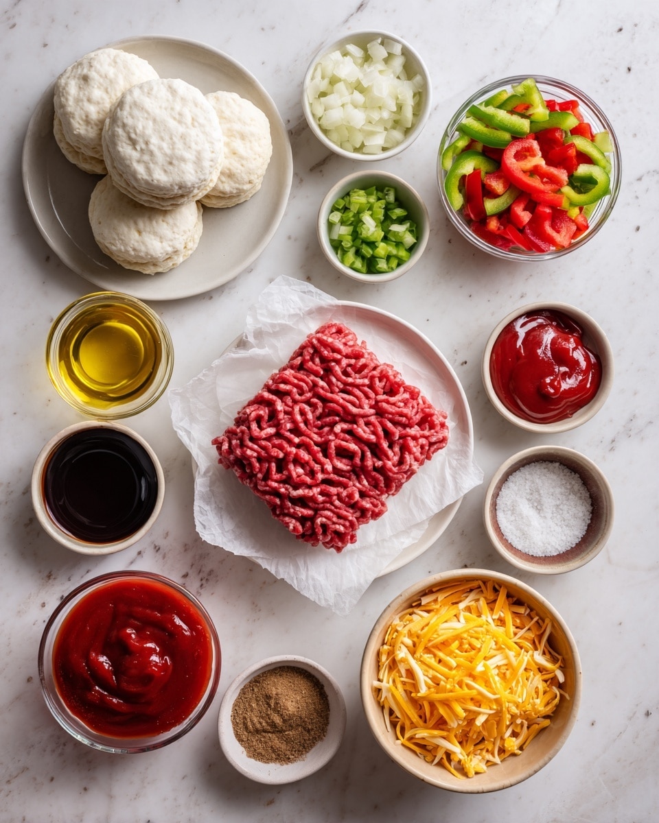 The image shows several ingredients arranged neatly on a white marbled surface. There are five round white biscuits stacked on the top left. Next to them is a white plate with a block of raw ground beef or turkey, deep pink with a curly texture, resting on white parchment paper. Around the plate, there are small bowls and containers with different ingredients: a clear glass jar of golden olive oil, a small clear bowl with dark Worcestershire sauce, a light round bowl filled with finely chopped white onions, a small bowl with bright red ketchup, another small bowl with brown sugar, a tiny bowl with thick red tomato paste, and a larger white bowl full of chopped bell peppers in green and red colors. Below these, there is a clear measuring cup filled with red tomato sauce and a tan bowl full of bright yellow shredded cheese. At the bottom right are small bowls containing salt and pepper, minced garlic, and apple cider vinegar, all placed on the white marbled surface. The labels for each ingredient are visually overlaid on the image. Photo taken with an iphone --ar 4:5 --v 7