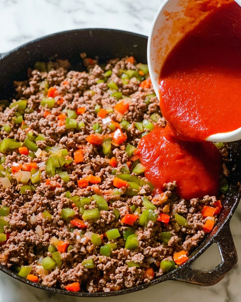 Inside a black skillet, there is one main layer of cooked ground beef mixed with bright green and red bell pepper cubes and small bits of cooked onion, creating a textured mix of brown, green, and red colors. A white bowl is positioned at the edge of the skillet, pouring a thick, smooth, bright red sauce onto the meat and vegetables. The background and surface under the skillet show a white marbled texture. Photo taken with an iphone --ar 4:5 --v 7