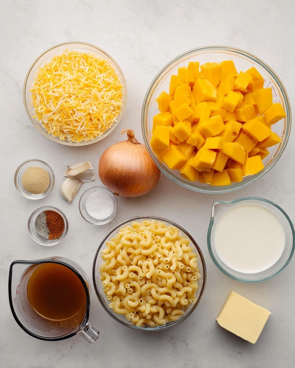 The image shows a white marbled surface with ingredients arranged neatly for cooking. There is a large glass bowl in the center filled with bright yellow-orange chunks of squash, next to it a smaller glass bowl filled with elbow macaroni pasta. To the left, a bowl of shredded cheddar cheese sits below a whole brown onion and a single garlic clove. Above the onion, three small glass bowls hold salt and pepper, and a mix of paprika and garlic powder. On the right side, there are two glass measuring cups, one with brown broth and the other with white milk. Near these cups is a small bowl containing a square of butter. The setup is clean and orderly, showing raw ingredients ready for a dish. Photo taken with an iphone --ar 4:5 --v 7