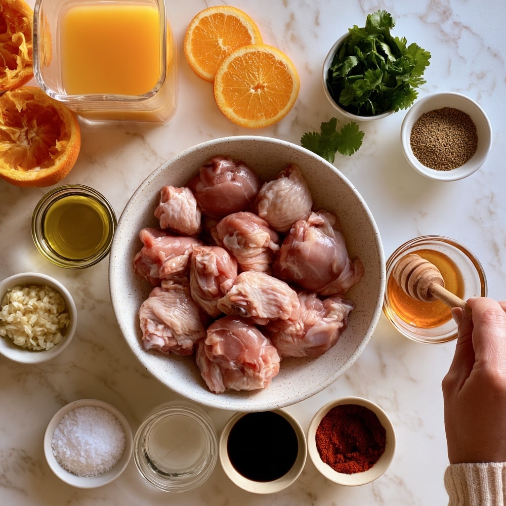 A white speckled bowl filled with raw pink chicken thighs pieces is in the center on a white marbled surface. To the top left is a clear glass container with fresh orange juice, surrounded by two squeezed orange halves and three orange slices to its right. Near the orange slices are fresh green cilantro leaves on a small white bowl and a small white bowl with light brown cumin powder. Below the cumin bowl is a small glass cup with olive oil, and next to it a small white bowl containing minced garlic. Below the chicken bowl are four small bowls: the left one with white salt, the middle two with clear white vinegar and dark soy sauce, and the right one with reddish-brown smoked paprika powder. A woman's hand is holding a wooden honey dipper resting inside a small glass bowl with honey near the chicken bowl. Photo taken with an iphone --ar 4:5 --v 7