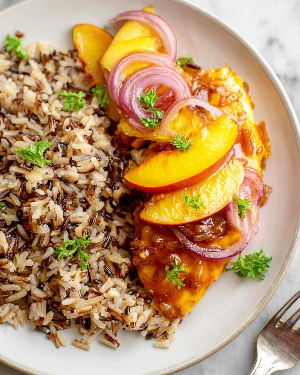 The image shows a white plate with two main parts: on the left, a heap of cooked brown and wild rice mixed together with a slightly rough texture; on the right, a piece of glazed chicken with a shiny, orange-brown sauce on top. The chicken is topped with slices of yellow peach and thin rings of red onion, which add texture and color. Green parsley leaves are scattered on the chicken for freshness. The plate sits on a white marbled surface, and part of a metal fork is visible in the bottom right corner. photo taken with an iphone --ar 4:5 --v 7