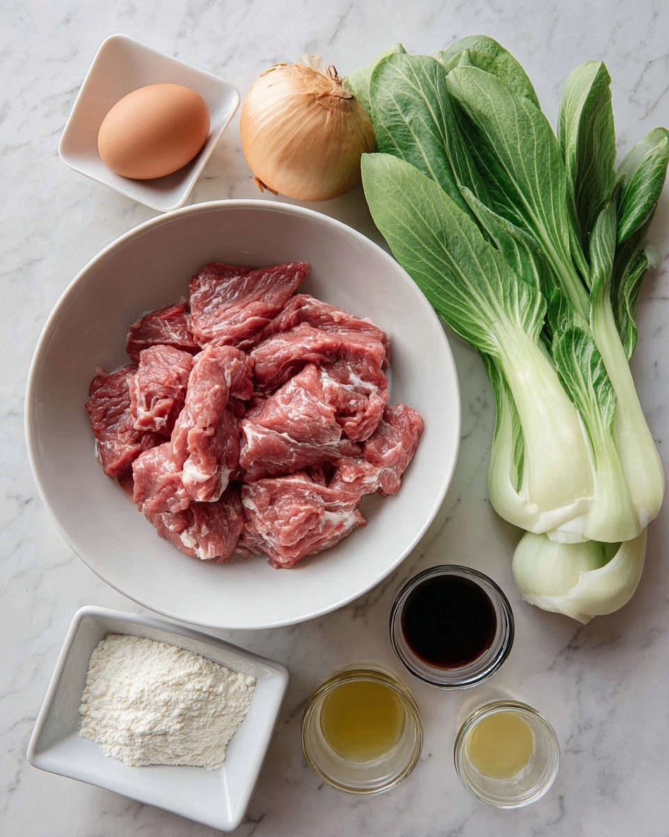 The image shows raw pink strips of meat placed inside a white bowl in the center of the photo. Around the bowl, there are fresh green bok choy leaves with white stems on the right side. On the top left corner, there is a whole light brown onion and a brown egg sitting in a white egg cup. At the bottom left, a square white dish holds white powder, likely cornstarch, while nearby are two small round glass containers with dark brown and light yellow liquids. The background is a clean white marble texture. Photo taken with an iphone --ar 4:5 --v 7