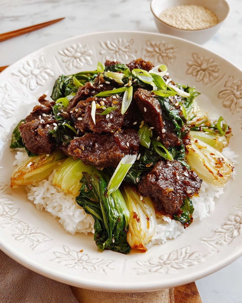 A close-up view of a white plate with an embossed floral design showing a dish of white rice as the bottom layer. On top are several pieces of dark brown, crispy textured meat, mixed with green leafy bok choy and light yellow sections of cooked vegetable, possibly bok choy stems. Small white sesame seeds and chopped green onion pieces are sprinkled over the dish. The plate is placed on a white marbled surface with a small white bowl of light-colored seeds in the background. Photo taken with an iphone --ar 4:5 --v 7