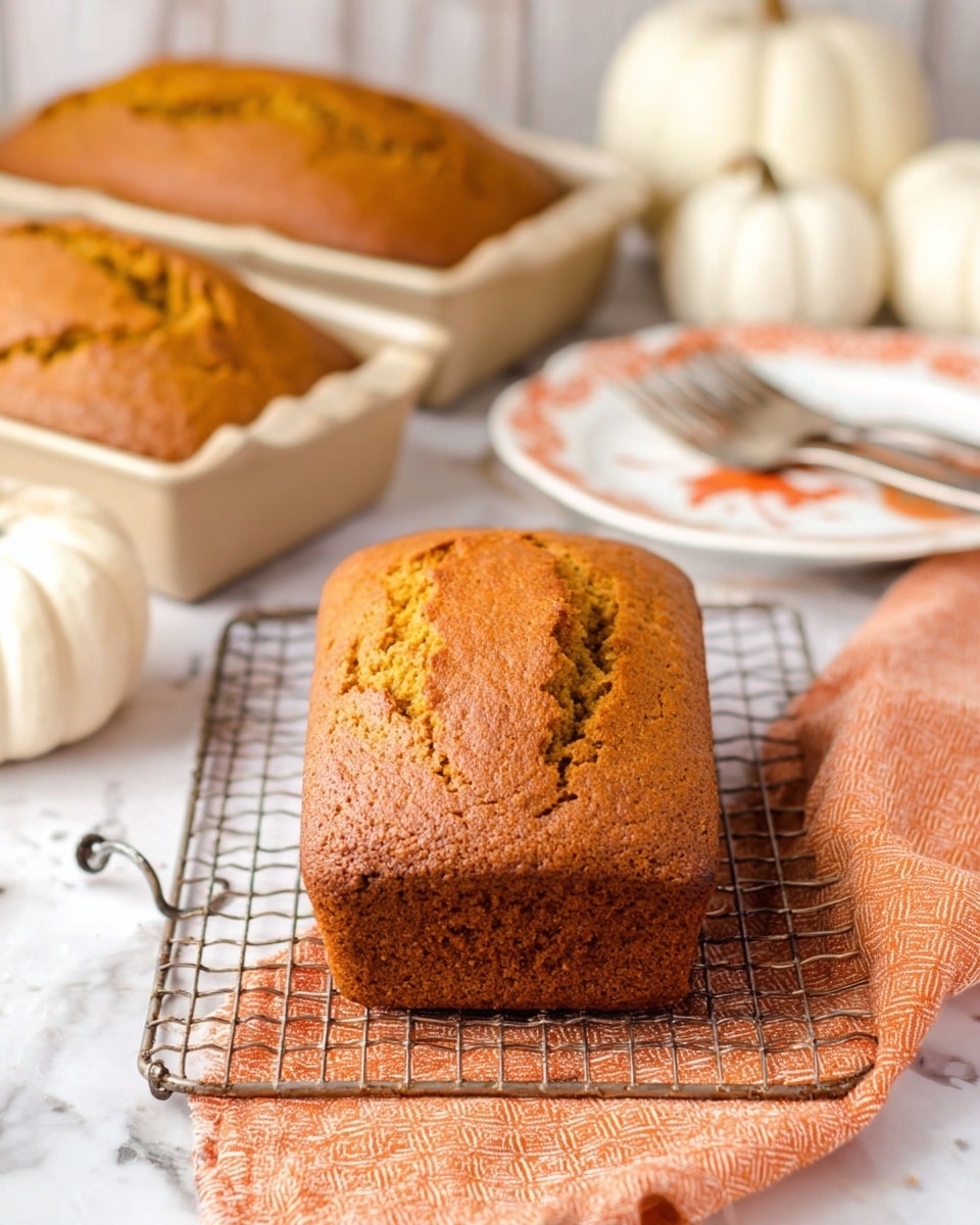 Two whole golden-brown pumpkin loaves wrapped with white and brown string sit on a piece of parchment paper over a white marbled surface. In front are two thick slices of the pumpkin loaf showing a moist, dense orange inside with small crumb texture and tiny holes. Crumbs are scattered lightly around the slices. The top crust of the loaves is slightly cracked and rough. A silver knife rests on the bottom left corner over an orange cloth. photo taken with an iphone --ar 4:5 --v 7