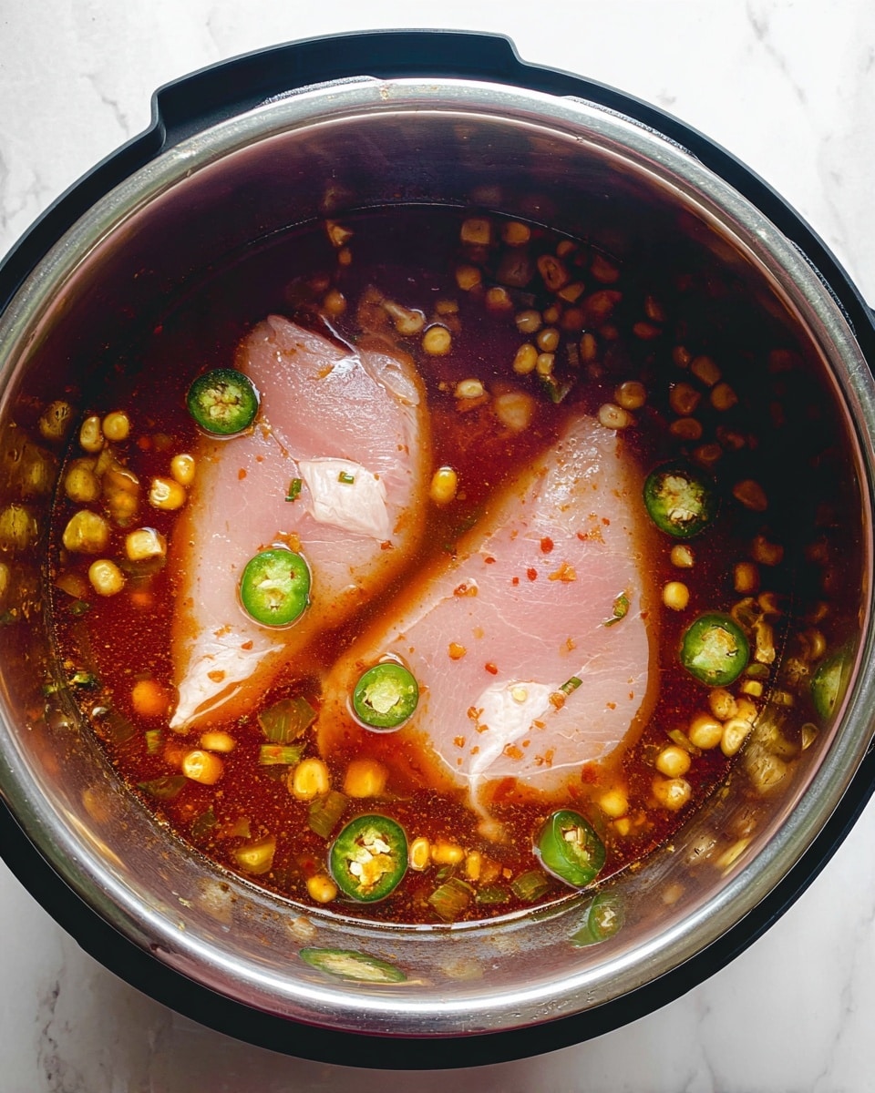 Inside a round black cooking pot with a shiny silver rim, there are two raw light pink pieces of meat partly submerged in a deep reddish-brown broth. The broth has small yellow corn pieces and thin slices of green jalapeño peppers floating evenly throughout. The surface under the pot is a white marbled texture, adding a clean and simple backdrop. Photo taken with an iphone --ar 4:5 --v 7