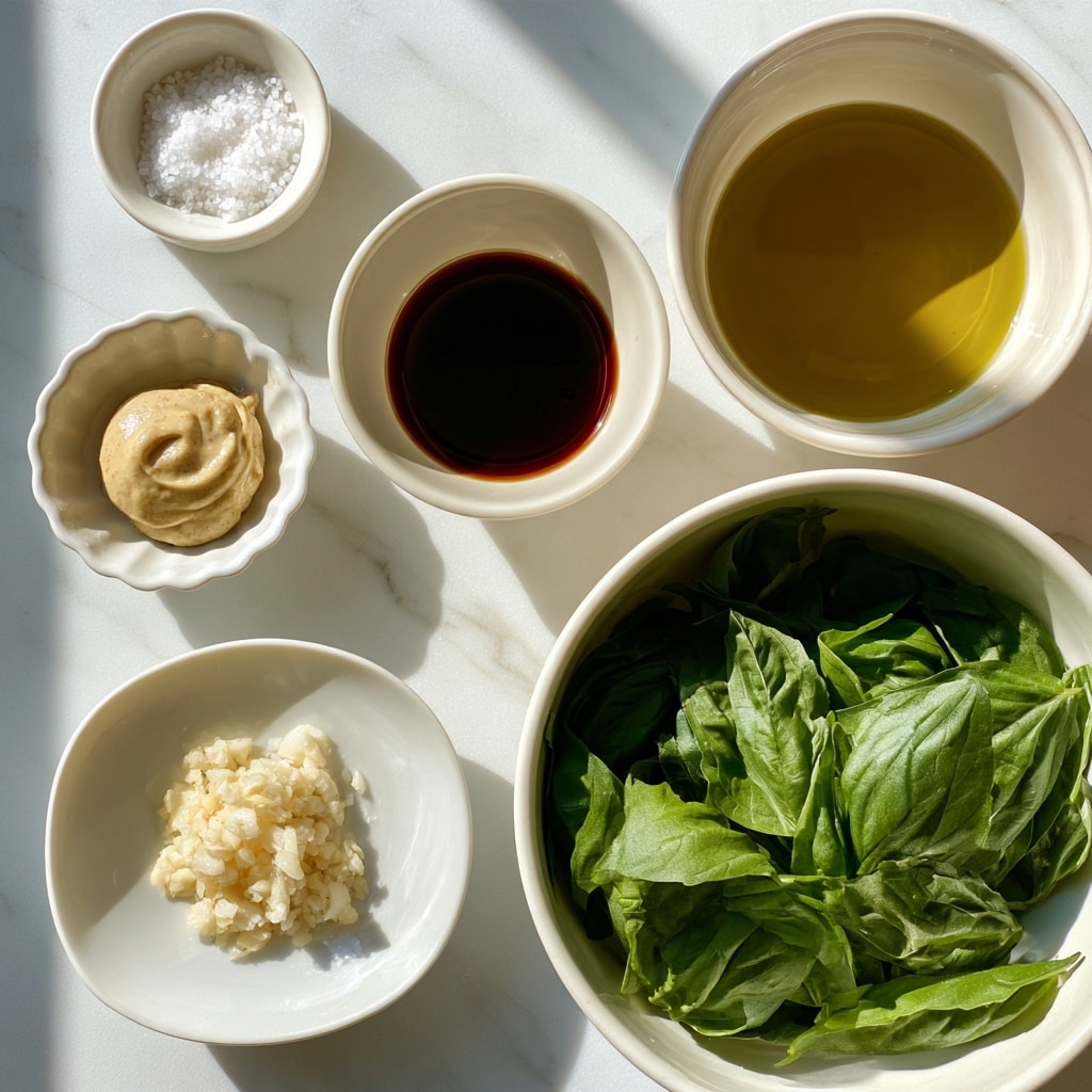 There are six white bowls arranged on a white marbled surface with natural light casting soft shadows. The largest bowl at the bottom right is filled with fresh green basil leaves. To its top right, a medium-sized bowl holds a golden yellow layer of olive oil with a smooth, shiny surface. Above this, a smaller bowl contains dark brown balsamic vinegar with a glossy texture. To the left of the balsamic vinegar, a small scalloped bowl has a dollop of pale beige Dijon mustard. Below it and to the bottom left, a flat white bowl carries finely minced garlic with a slightly chunky texture. Above the garlic bowl, another small bowl contains coarse white salt crystals. Each bowl is clean and the ingredients appear fresh and vivid under the bright light. photo taken with an iphone --ar 4:5 --v 7
