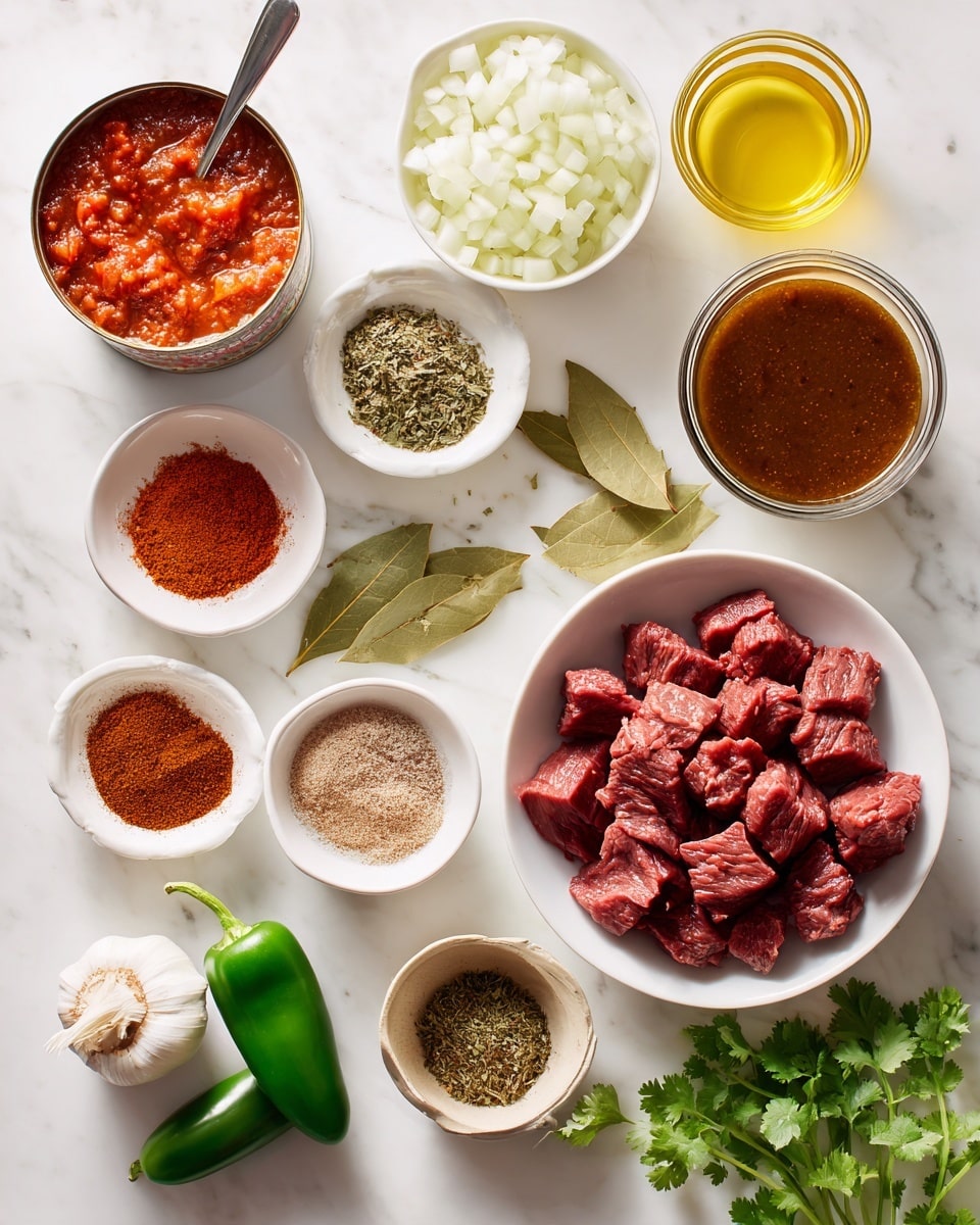 The image shows 15 ingredients arranged neatly on a white marbled surface. There is a white bowl filled with dark red chunks of raw chuck roast in the bottom right corner. Above it are two whole green jalapeños. To the left is a white bowl filled with white diced onions. Next to the onions is an open can of crushed red tomatoes with a spoon inside. Above this is a yellow tube of tomato paste laying diagonally, along with three small bowls holding brown coriander powder, two green bay leaves, and reddish-brown smoked paprika. Nearby are small white bowls with cocoa powder, chili powder, and dried oregano. A small clay bowl contains light brown cumin powder. A bulb of garlic with peeled cloves and a small pile of cinnamon powder in a white ceramic bowl are arranged near the top left. A glass container holds golden olive oil. A glass bowl filled with dark brown beef broth sits at the top right. Fresh green cilantro sprigs are scattered near the bottom. The whole setup is bright and clean, well lit, with the colors of spices and ingredients clearly visible. photo taken with an iphone --ar 4:5 --v 7