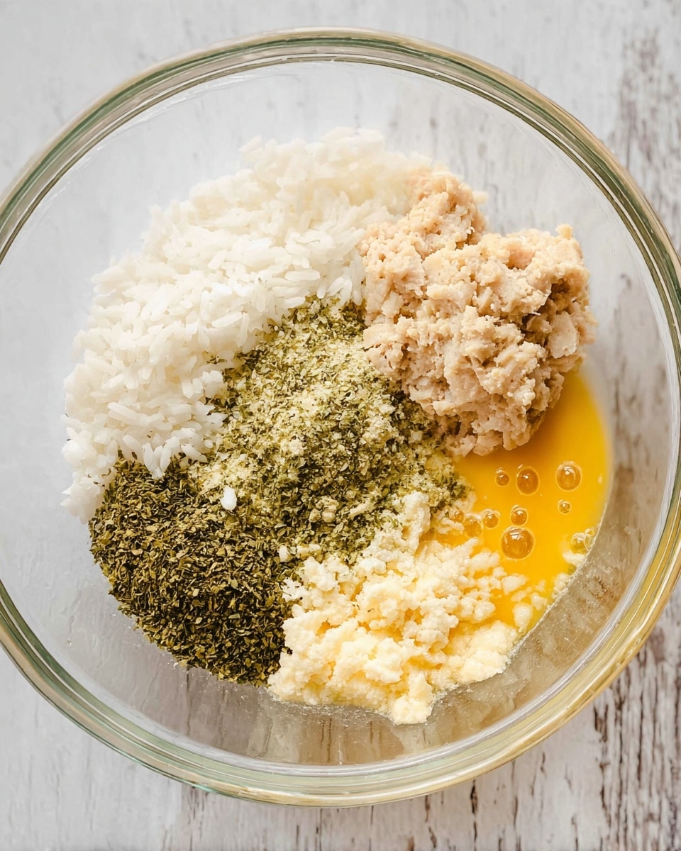 A clear glass bowl holds a mix of ingredients arranged in separate sections. On the left, there is white cooked rice with a soft, sticky texture. To the right of the rice is a pale beige chunk of mashed tuna. Below that, there is a pile of small green dried herbs, with a darker green dried herb mound beside it. Next to the herbs on the bottom right are yellow beaten eggs with visible air bubbles. The bowl rests on a white marbled surface. photo taken with an iphone --ar 4:5 --v 7