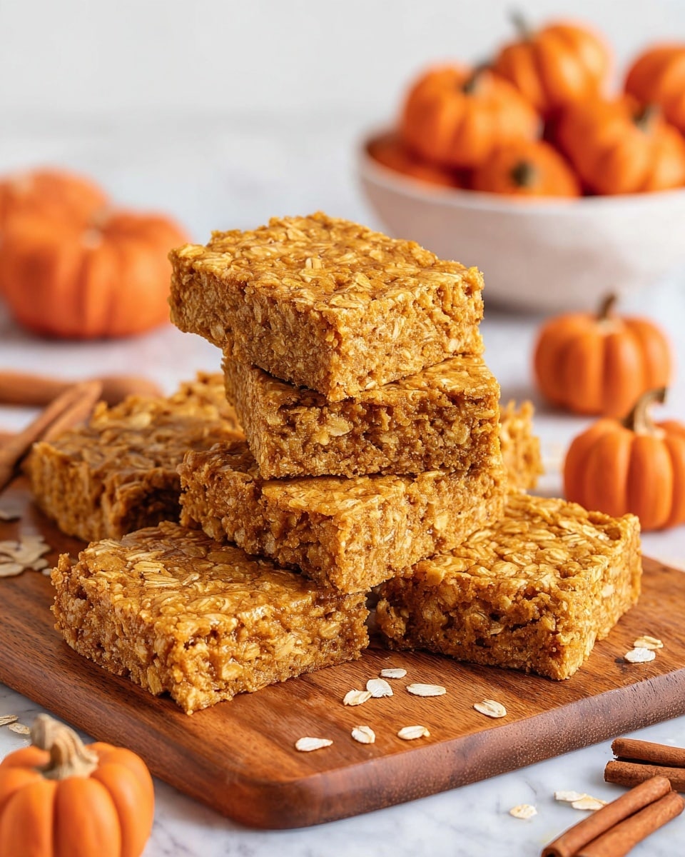 There is a stack of six orange oat bars with a rough and chunky texture, showing visible oats and a dense, soft crumb. The bars are cut into squares and arranged on a wooden board placed on a white marbled surface. Around the bars, there are small orange decorative pumpkins and three cinnamon sticks in the background. A white bowl filled with more small orange pumpkins is also partially visible in the background. The overall color palette is warm orange and brown tones with natural textures. photo taken with an iphone --ar 4:5 --v 7