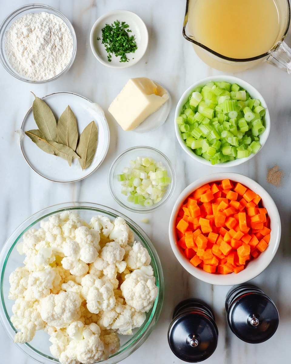 The image shows an arrangement of cooking ingredients on a white marbled surface. In the center, there is a clear glass bowl filled with white cauliflower florets. Above it, two white bowls hold bright orange diced carrots on the right and light green chopped celery on the left. A small clear bowl with finely chopped green herbs is near the bottom left. Further back, a small clear bowl contains white flour, and next to it on a white plate are two bay leaves and a stick of butter. A glass cup filled with light yellow broth is at the top right, and next to it is a glass measuring cup with cream. Two pepper grinders, one black and one clear, are at the bottom right. The colors are fresh and bright, set neatly on the clean white marbled background. photo taken with an iphone --ar 4:5 --v 7