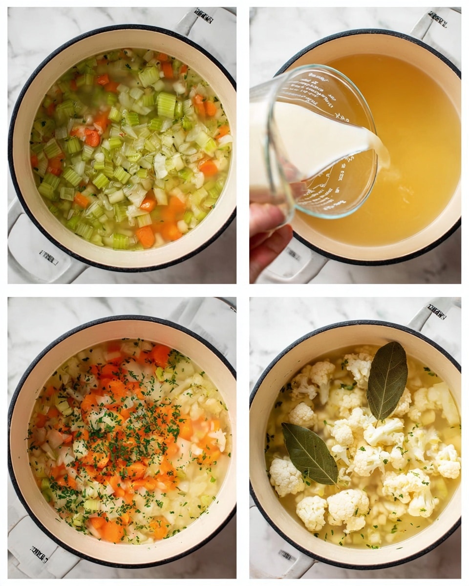 A white pot with a black rim sits on a white marbled surface, shown in four stages of cooking soup. The first stage has small chopped pieces of green celery, white onion, and orange carrot mixed with green herbs at the bottom of the pot. In the second stage, a woman's hand holds a clear glass measuring cup, pouring light yellow broth into the pot over the vegetables. The third stage shows more liquid in the pot with the vegetables floating, as a woman's hand pours a white liquid from a white container into the pot. In the last stage, cauliflower pieces with green chopped herbs and two bay leaves float on top of a light yellow broth inside the pot, all on the white marbled surface. photo taken with an iphone --ar 4:5 --v 7