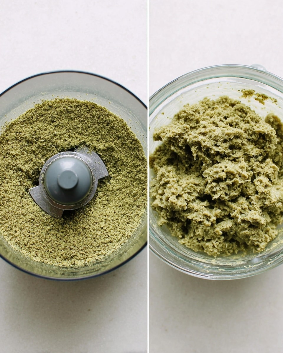 The image shows two stages of a green mixture inside clear glass bowls on a white marbled surface. On the left side, the bowl contains a finely ground, grainy green powder evenly spread around the blade of a food processor, with a smooth texture and small, uniform pieces. On the right side, the mixture has turned into a dense, clumpy paste with a gritty texture, filling about one-third of the glass bowl. Both bowls have a shiny, transparent look, and the green mixture has a muted, earthy tone throughout. Photo taken with an iphone --ar 4:5 --v 7