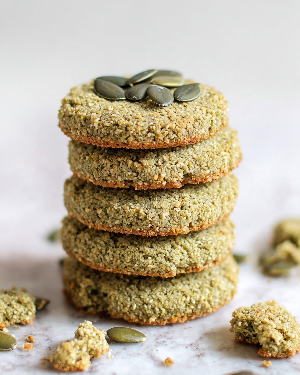 The image shows two greenish cookies stacked on a white marbled surface near the front, with the top cookie having a small round bite taken from its side, showing a bit of the inside texture. The cookies have a crumbly, grainy surface with small seeds or grains making up their texture. Behind the front cookies, three more similar cookies are scattered, all round and consistent in shape and color. Around the cookies, a few green pumpkin seeds are placed, adding detail to the scene. The lighting is soft and natural, highlighting the surface texture and the slightly rough edges of the cookies. Photo taken with an iphone --ar 4:5 --v 7