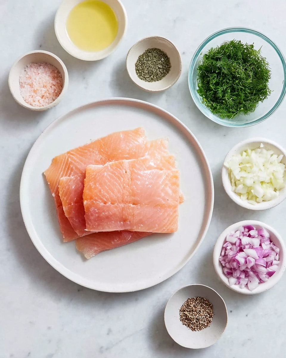 A white plate on a white marbled surface holds two pieces of raw pink-orange fish fillets stacked with visible texture and muscle lines. Around the plate are small white bowls filled with finely chopped red onion, white onion, light yellow minced garlic, bright green chopped herbs, and a pale yellow liquid, alongside a small clear glass bowl with fresh green dill. Two small round containers with coarse black pepper and pink salt are also arranged neatly. The whole setup looks clean and bright, ready for cooking. photo taken with an iphone --ar 4:5 --v 7
