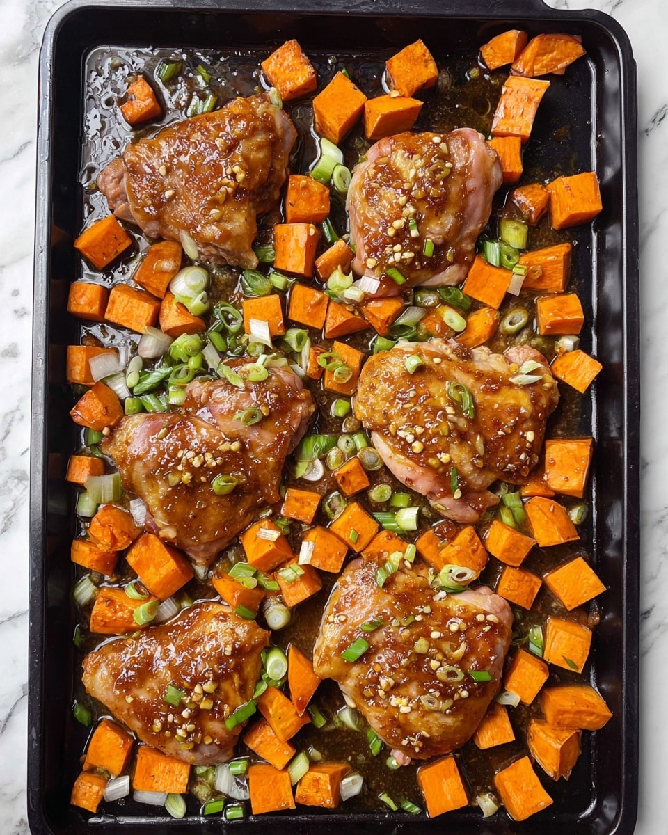 A dark gray plate holds three main layers of food: at the bottom, there are pieces of cooked chicken covered in a shiny brown sauce with sesame seeds and green scallion pieces on top. To the right and upper side of the plate, bright orange cubes of sweet potatoes are mixed with larger scallion pieces and sesame seeds, also covered in a similar glossy sauce. On the left side of the plate, a small pile of cooked dark green spinach leaves adds color contrast. A silver fork rests on the plate’s right edge, and the plate sits on a white marbled surface with a patterned white and black napkin partly visible beneath it. Photo taken with an iphone --ar 4:5 --v 7