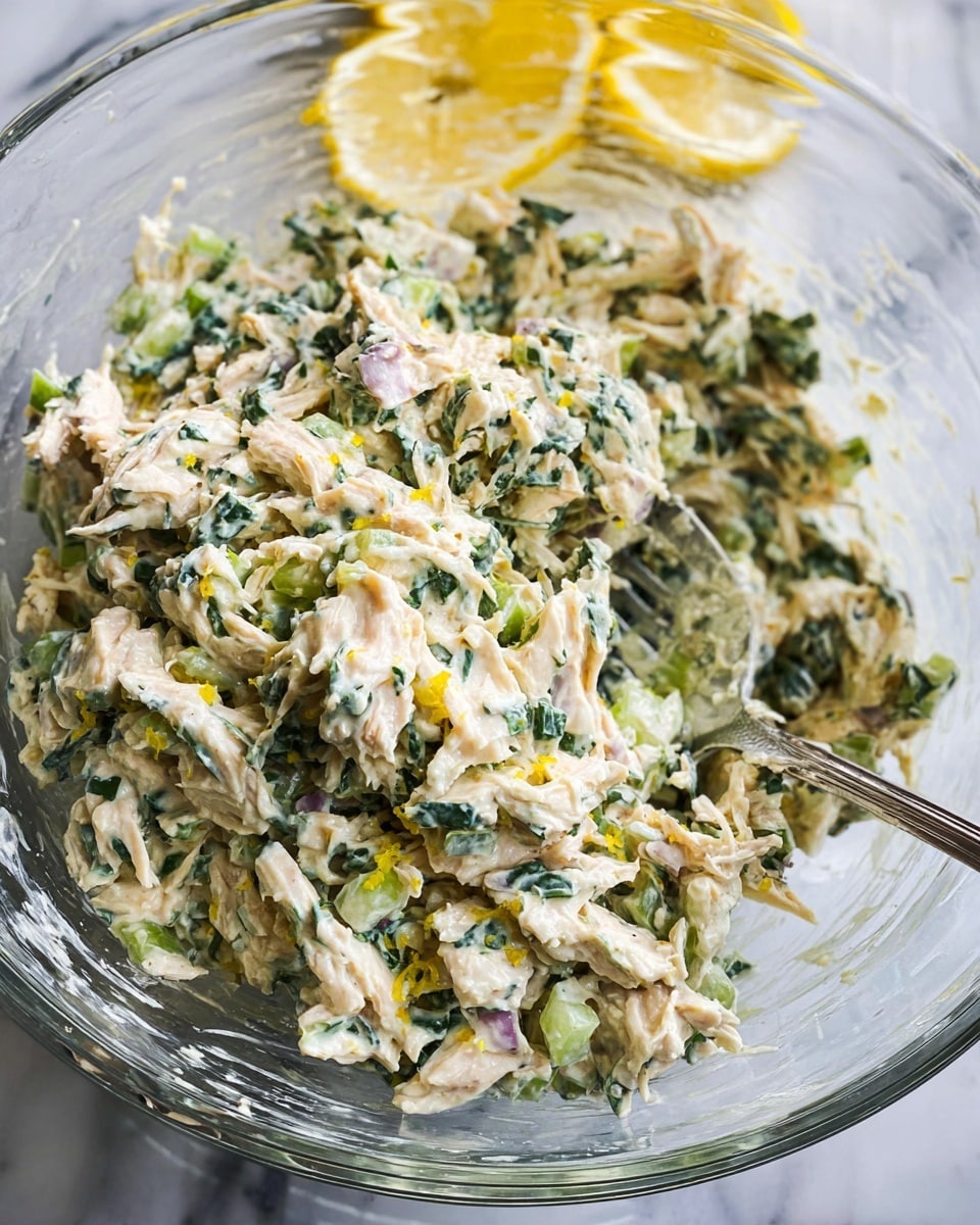 A clear glass bowl filled with a creamy chicken salad mixture that shows shredded cooked chicken pieces mixed with finely chopped dark green leafy herbs, small diced pale green celery, and bits of purple onion. The creamy dressing binds the ingredients, creating a soft texture throughout, with small specks of yellow zest adding a bright touch. A metal fork rests inside the bowl, partially covered with the salad. In the background, thin lemon slices lean against the bowl’s edge, and everything is set on a white marbled surface. photo taken with an iphone --ar 4:5 --v 7