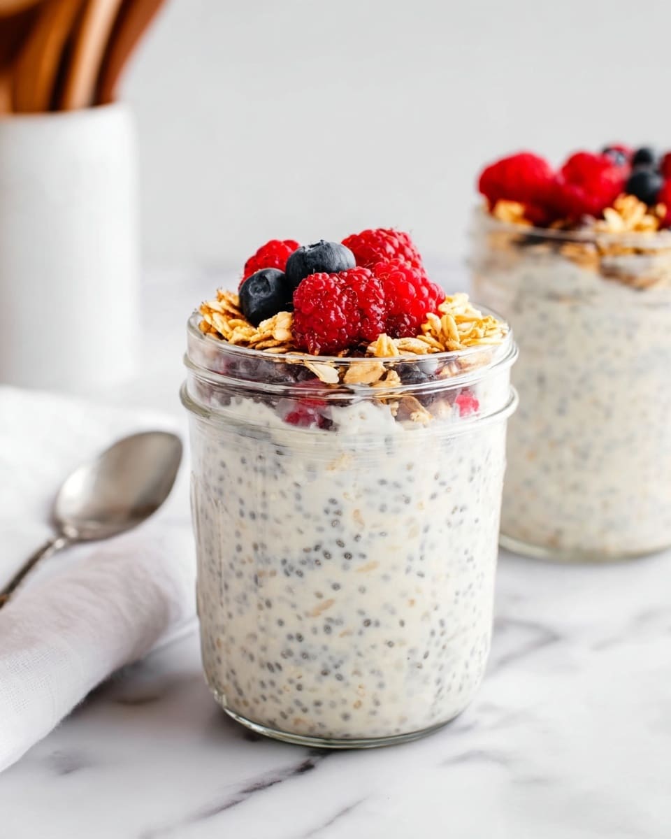 A clear glass filled with three layers of food sits on a white marbled surface. The bottom layer is white with visible chia seeds and oatmeal, giving it a textured look. Above it is a dark brown layer that looks smooth and thick. The top layer is light brown and creamy, spread evenly. Fresh red raspberries are placed on top, adding a bright color and slightly bumpy texture. A silver spoon lies nearby. Photo taken with an iphone --ar 4:5 --v 7