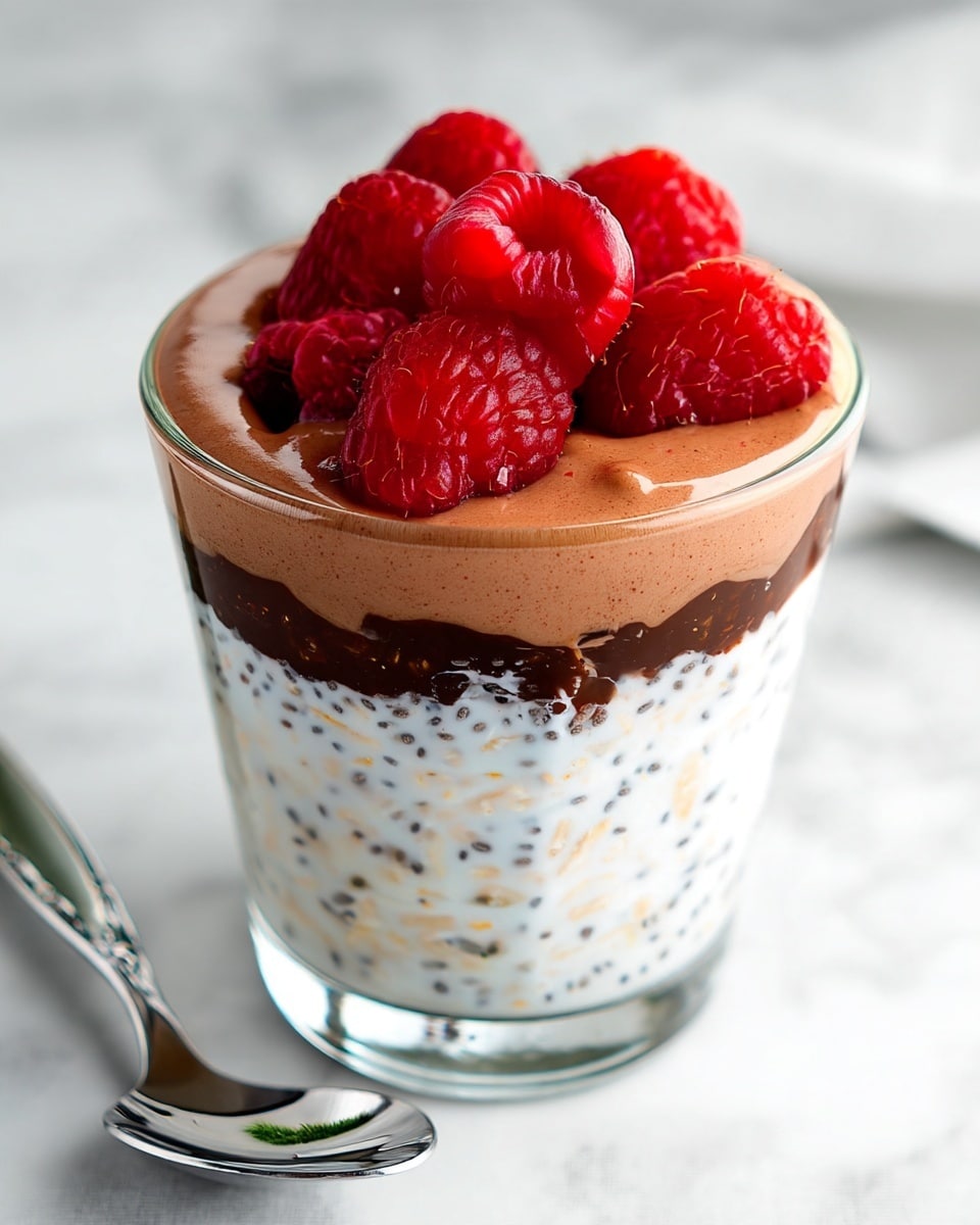 A clear glass jar filled with a creamy white mixture speckled with small black chia seeds and light beige oats makes up the main layer. On top, there is a colorful mix of fresh red raspberries, a few dark blue blueberries, and clusters of golden brown granola, creating a fresh and crunchy contrast to the creamy base. The jar sits on a white marbled surface, with another similar jar slightly blurred behind it. A small silver spoon lies nearby, and a white cloth and white container with wooden utensils are visible in the soft, bright background. photo taken with an iphone --ar 4:5 --v 7