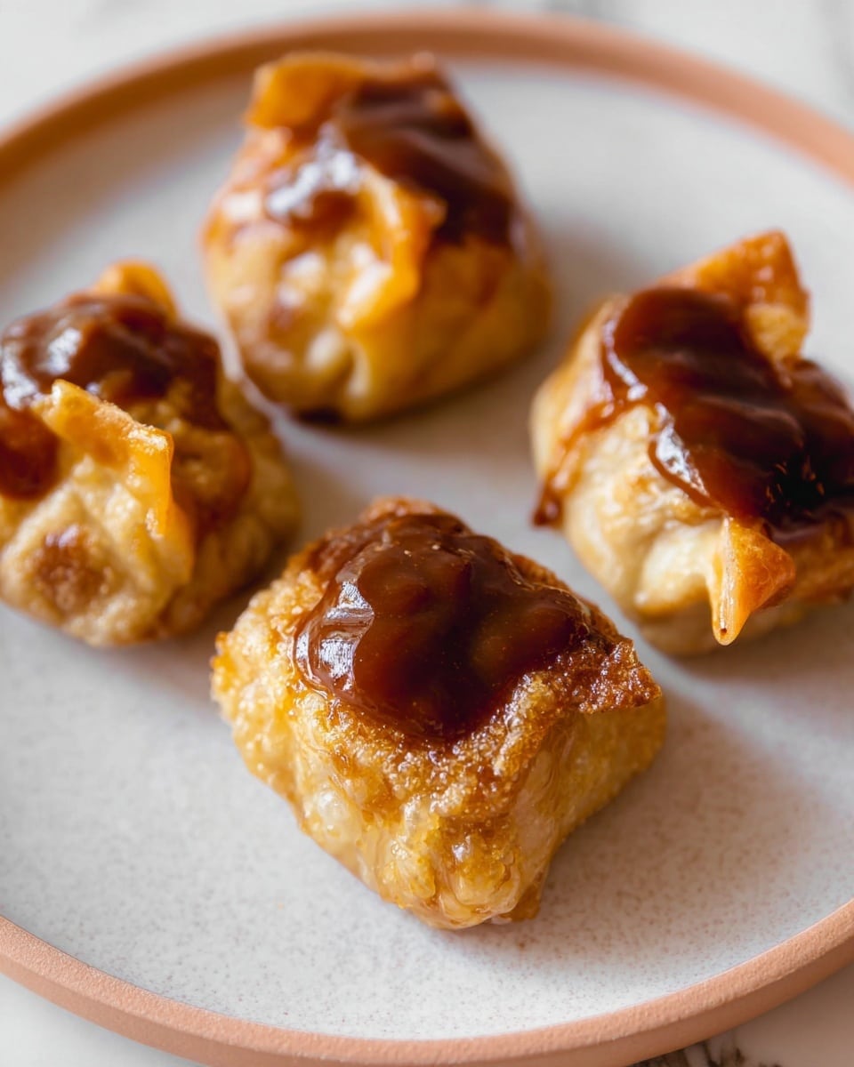 The image shows four pieces of fried dumplings on a white plate placed on a white marbled surface. Each dumpling has a golden-brown, crispy outer layer with a slightly uneven texture. The dumplings are arranged in a loose square, and each piece is topped with a thick, dark brown sauce that glistens under the light, adding a rich, glossy contrast to the crispy texture underneath. The close-up view highlights the mix of smooth and rough textures on the dumplings and sauce, with soft lighting enhancing the warm browns and golden tones. photo taken with an iphone --ar 4:5 --v 7