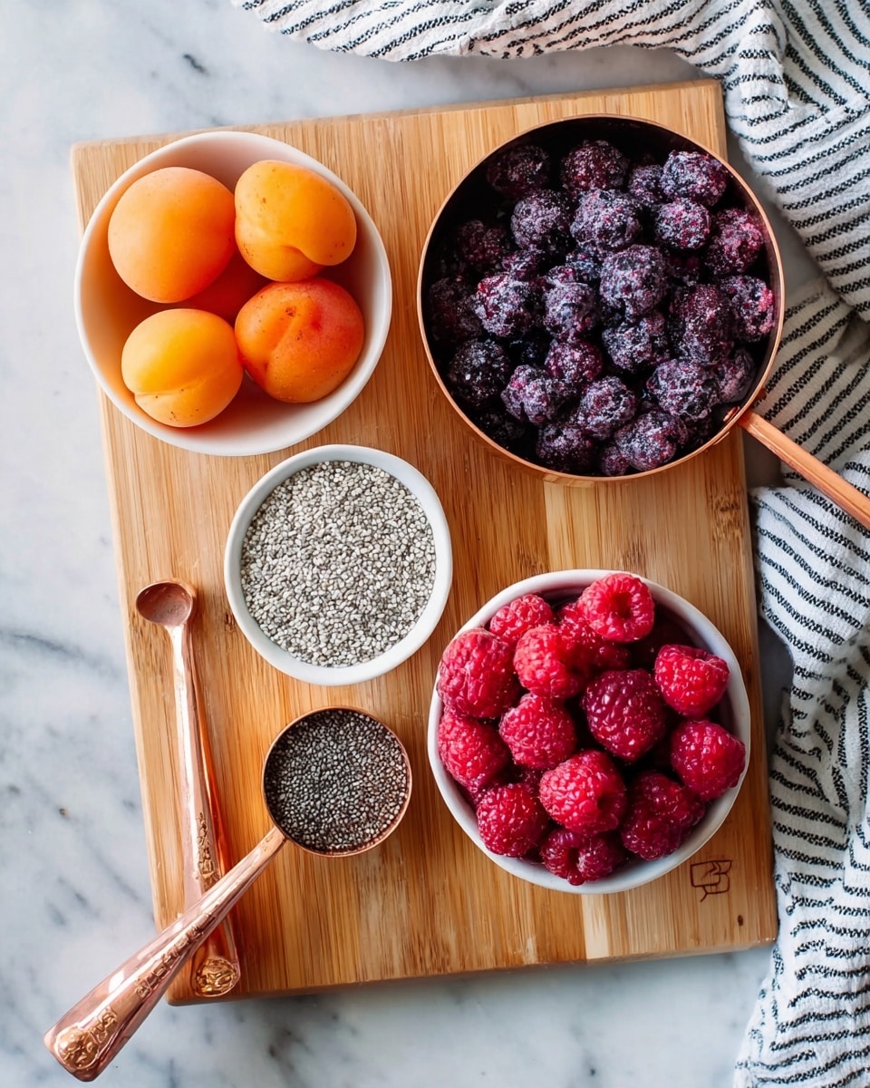 The image shows a wooden board with five containers of food arranged on it. At the top right, there is a copper measuring cup filled with dark purple frozen berries. Below it in the center, there is a small white bowl with tiny white chia seeds. To the bottom left of the bowl is a copper measuring spoon also filled with chia seeds. At the bottom right, there is a white bowl filled with bright red frozen raspberries, and at the top left, there is a white bowl holding four small orange apricots. To the right side of the board, a white and black striped cloth is partially visible, all set on a white marbled surface. Photo taken with an iphone --ar 4:5 --v 7