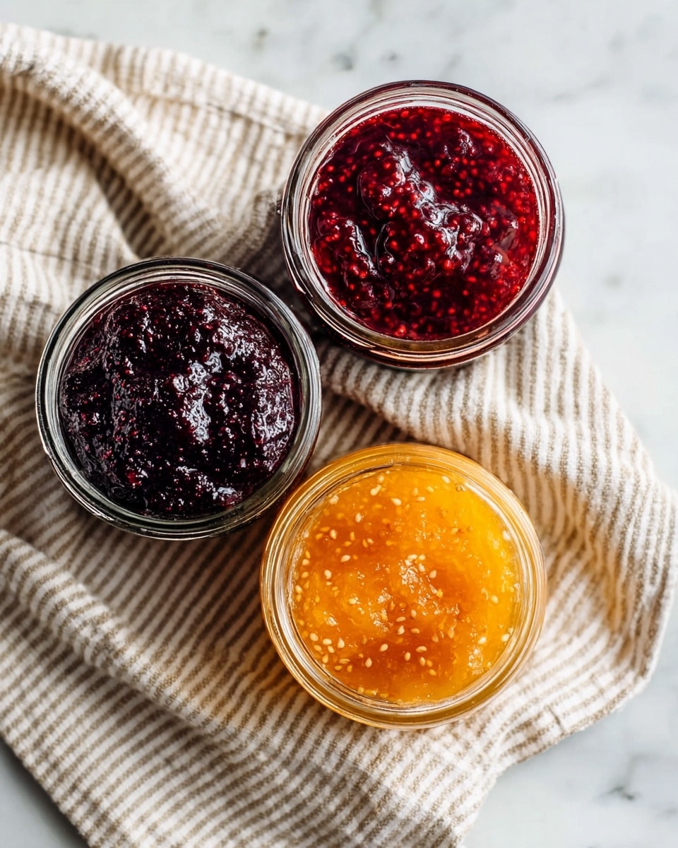 Three clear glass jars filled with three types of jam are placed on a striped beige cloth over a white marbled surface. The top jar contains deep red jam with visible berry seeds and a shiny texture. Below and to the left, a jar holds dark purple jam with a thick, rough texture filled with small seeds. The jar at the bottom contains bright orange jam with many light seeds visible, appearing smooth and slightly chunky. The jars are open, showing their rich, colorful contents clearly. photo taken with an iphone --ar 4:5 --v 7