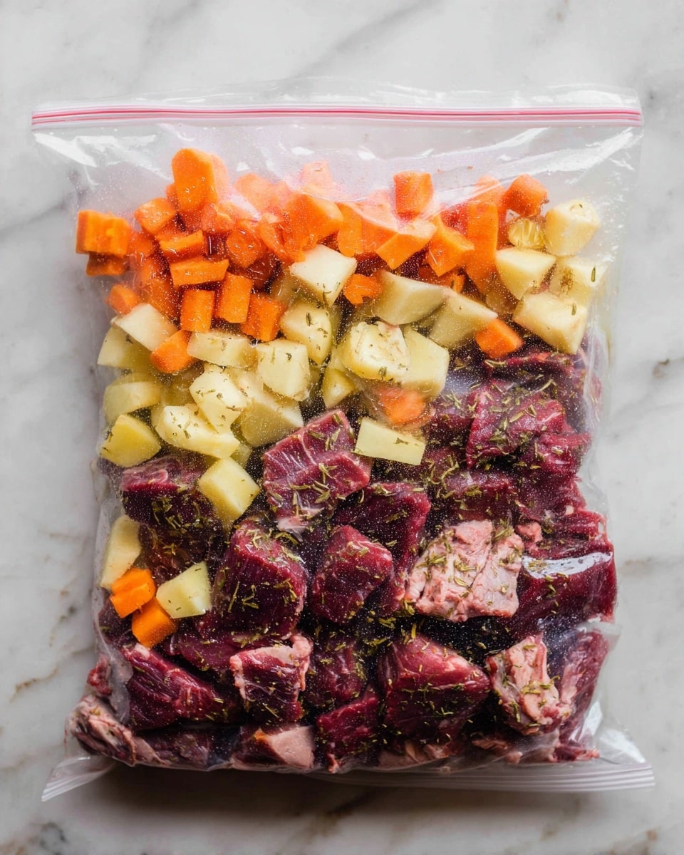 A clear plastic zipper bag filled with three main layers of ingredients is shown placed flat on a white marbled surface. The bottom layer contains dark red raw meat chunks with some marbling of fat visible throughout. Above and mixed partially in, there are two layers of diced vegetables: one with orange carrot slices and another with pale yellow cubes that look like potatoes or parsnips. The ingredients appear marinated with small green herb flakes spread evenly over the meat and vegetables. The bag is slightly frosted with condensation, adding a soft texture to the ingredients inside, photo taken with an iphone --ar 4:5 --v 7