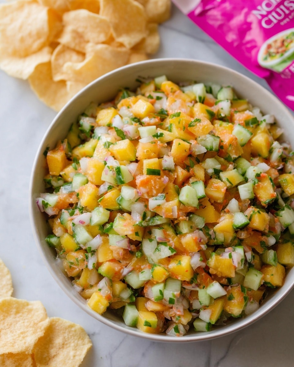 A white bowl filled with a colorful mix of finely chopped ingredients showing a variety of small cubes and pieces in yellow, green, white, and orange tones. The dish contains layers of diced yellow fruit, small green cucumber pieces, white bits that look like onion or similar, and scattered orange pieces. The texture is chunky and fresh with visible small herbs or seasoning mixed evenly throughout. In the background, there are some light tan chips on a white marbled surface, and a pink snack bag partially opened near the bowl. The photo taken with an iphone --ar 4:5 --v 7