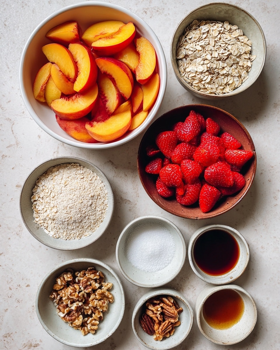 The image shows an arrangement of various baking ingredients on a white marbled surface. In the top center, there is a white bowl filled with bright orange peach slices with smooth, slightly shiny skin. Below, a large earthy brown bowl holds sliced bright red strawberries with their juicy texture visible. Around these are smaller white and gray bowls containing different ingredients: pale ground almond flour, beige rolled oats, a small bowl with white powder, a bowl with roughly chopped walnuts, a bowl with whole pecans, and tiny bowls with cinnamon, salt, and dark liquid ingredients like vanilla and maple syrup. The ingredients are neatly arranged and photographed from above. Photo taken with an iphone --ar 4:5 --v 7
