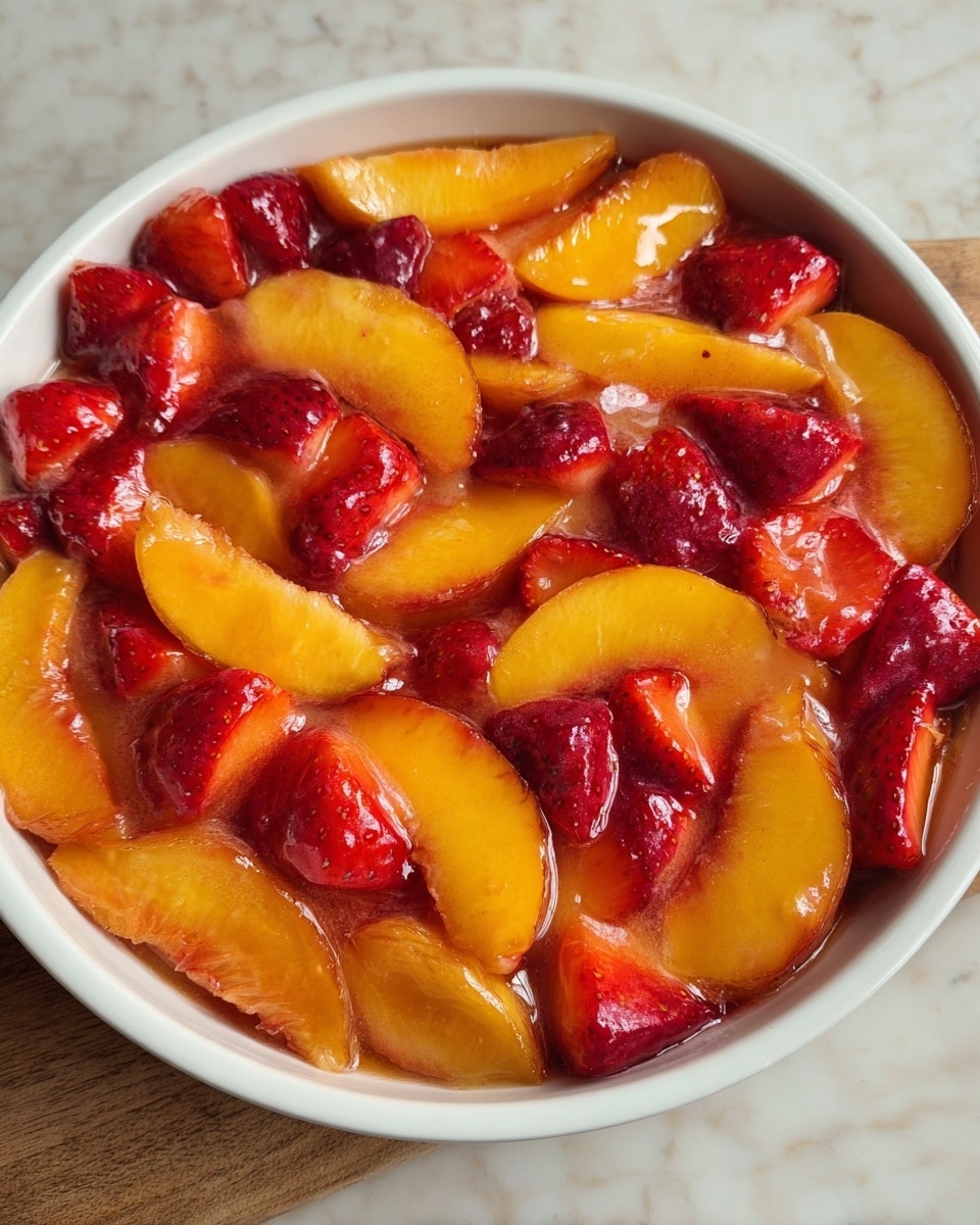 A white round dish is filled with two layers of fruit slices. The bottom layer has large, thick slices of peach with smooth orange and yellow flesh and dark red skin along the edges. The top layer shows smaller, irregular chunks of strawberry in bright red with glossy texture. The fruit is coated in a shiny glaze, making the colors look wet and fresh. The dish is placed on a white marbled surface photo taken with an iphone --ar 4:5 --v 7