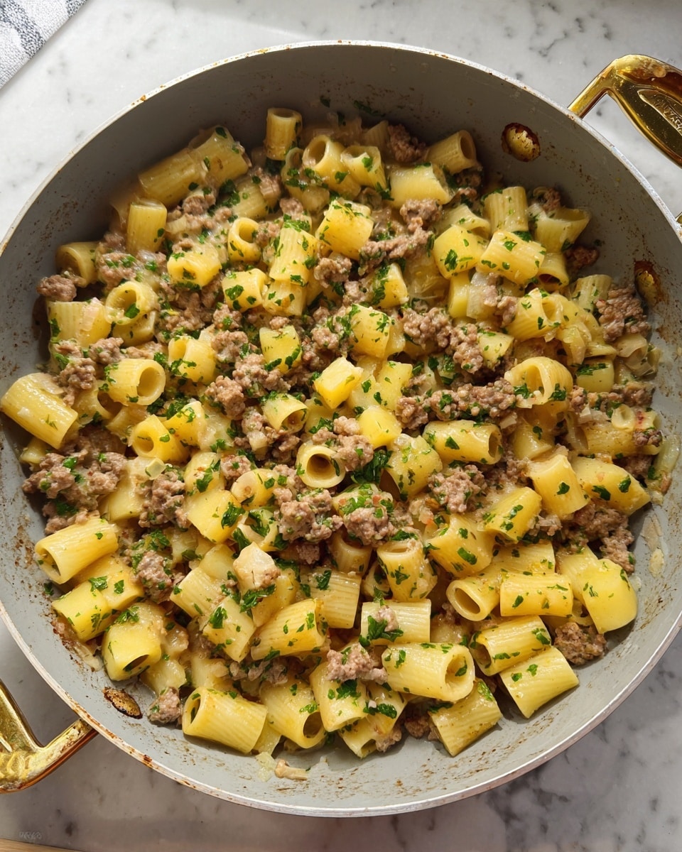 Inside a large light gray pan with golden handles, small tube-shaped yellow pasta is mixed with browned ground meat pieces and pale yellow potato chunks. The dish is speckled with bits of green herbs and looks creamy, with small bits of sauce clinging to the ingredients, all resting on a white marbled surface. photo taken with an iphone --ar 4:5 --v 7