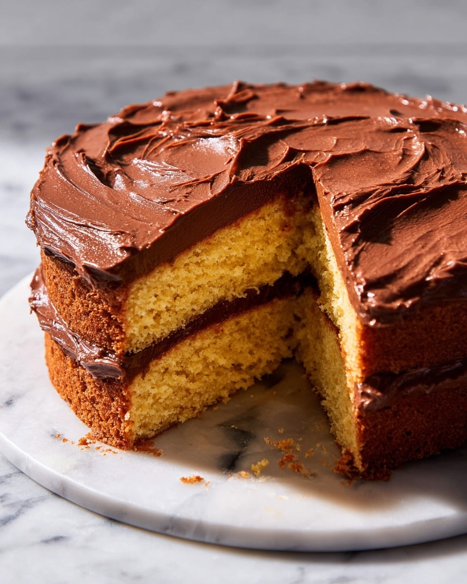 A two-layer yellow cake with a thick layer of smooth, rich chocolate frosting between the layers and generously spread on top with visible swirls and peaks of creamy chocolate. The cake is uncovered on the side, showing the moist texture of the yellow cake and the chocolate frosting around the edges. It is placed on a round white marble surface with soft light casting light shadows. photo taken with an iphone --ar 4:5 --v 7