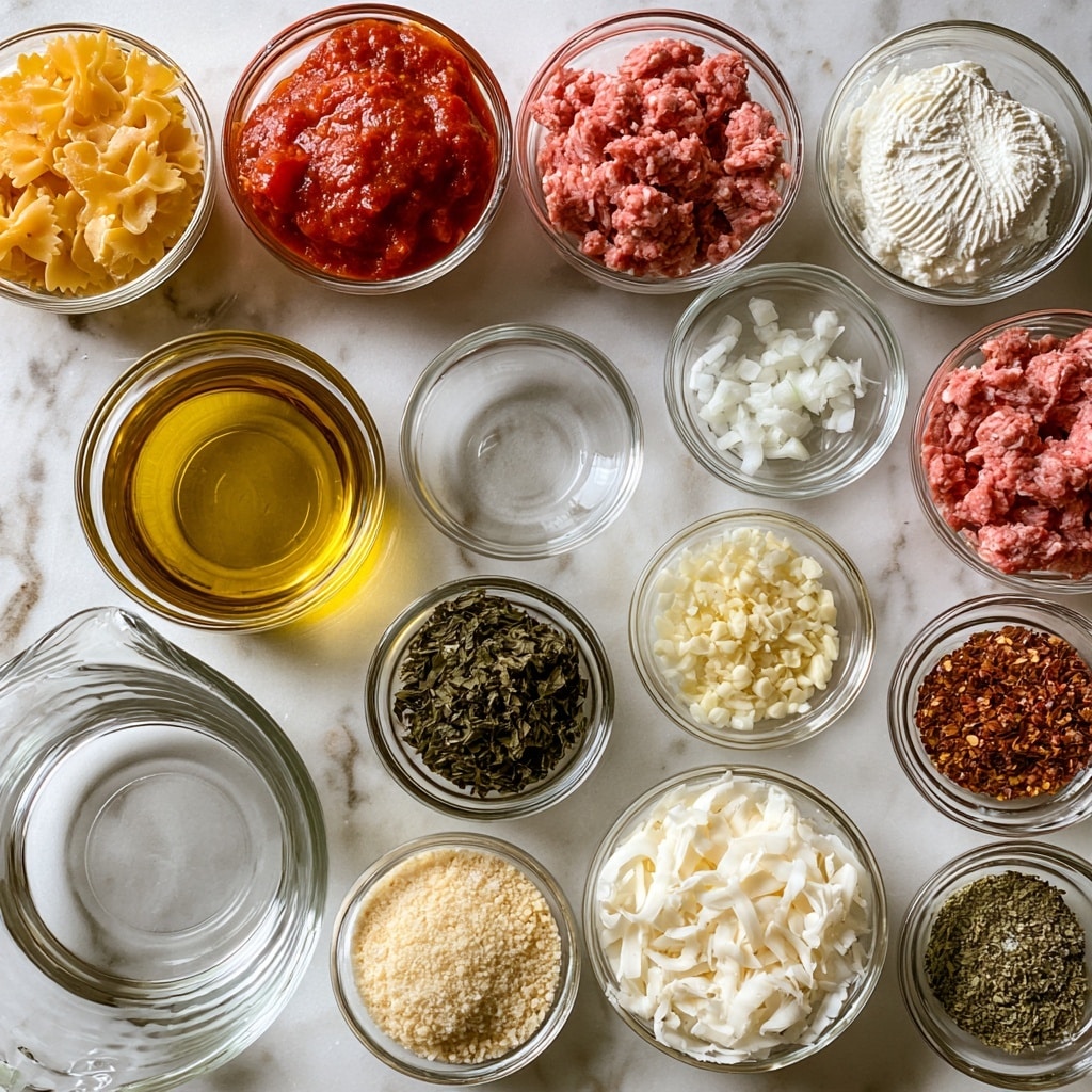 The image shows an overhead view of various clear glass bowls filled with ingredients arranged neatly on a white marbled surface. There are eleven bowls and one clear glass measuring cup; the bowls contain dry yellow farfalle pasta, red marinara sauce, pink ground beef, white ricotta cheese with a textured swirl on top, small white chopped onion pieces, a golden yellow liquid olive oil, finely chopped white garlic, reddish-brown red pepper flakes, dark green dried basil, light beige grated parmesan cheese, shredded white mozzarella cheese, and dark green dried oregano. The measuring cup holds clear water. Each bowl is evenly spaced, and the colors range from warm reds and yellow tones to cool whites and earth tones, creating a balanced and organized layout. Photo taken with an iphone --ar 4:5 --v 7