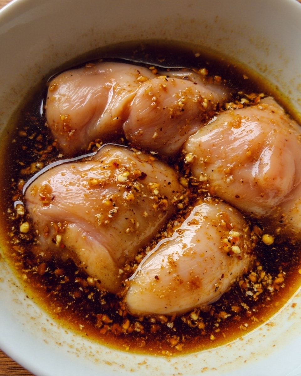 A white bowl holds four pieces of raw chicken soaking in a dark brown marinade with visible bits of garlic and pepper flakes, the chicken pieces are pale pink and smooth with some small creases, the liquid shows a shiny, oily texture surrounding the chicken, the mixture fills the bowl about halfway, photo taken with an iphone --ar 4:5 --v 7