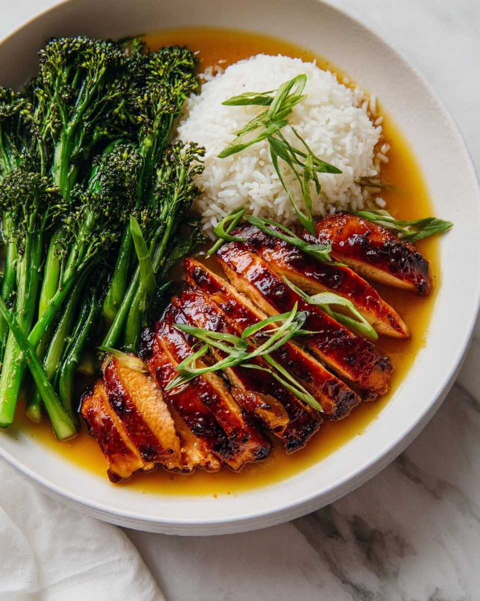 A white bowl holds three main layers: first, bright green steamed broccolini with visible stems and florets on the left side; second, white and yellowish rice with some green herb pieces scattered on top, positioned in the upper left area; third, on the right side, richly colored orange grilled salmon fillets with crispy edges, topped with thin green onion slices, sitting in a dark brown sauce that covers the base of the bowl. A gold and white spoon scoops a piece of salmon with some rice inside the bowl. The bowl rests on a white marbled surface. photo taken with an iphone --ar 4:5 --v 7