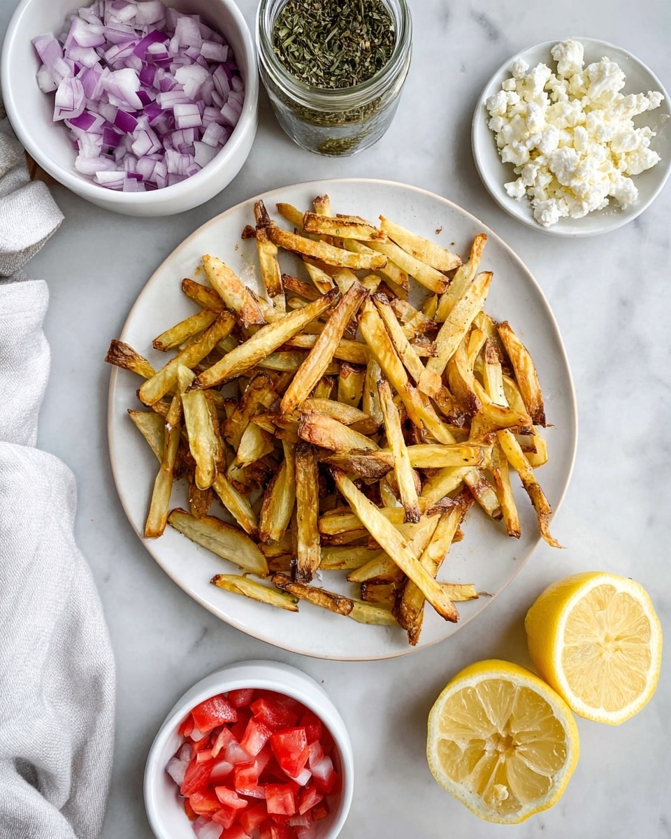 A plate holds a pile of light golden brown fries with some edges darker brown, showing a crisp texture. Around the plate on a white marbled surface are small white bowls with chopped purple onions, white crumbly cheese, and diced red tomatoes. Two halves of a bright yellow lemon are placed near the bowls, along with a glass jar containing green dried herbs. A white cloth napkin is visible to the left side. The image is bright and clean, showing a fresh and colorful setup. photo taken with an iphone --ar 4:5 --v 7