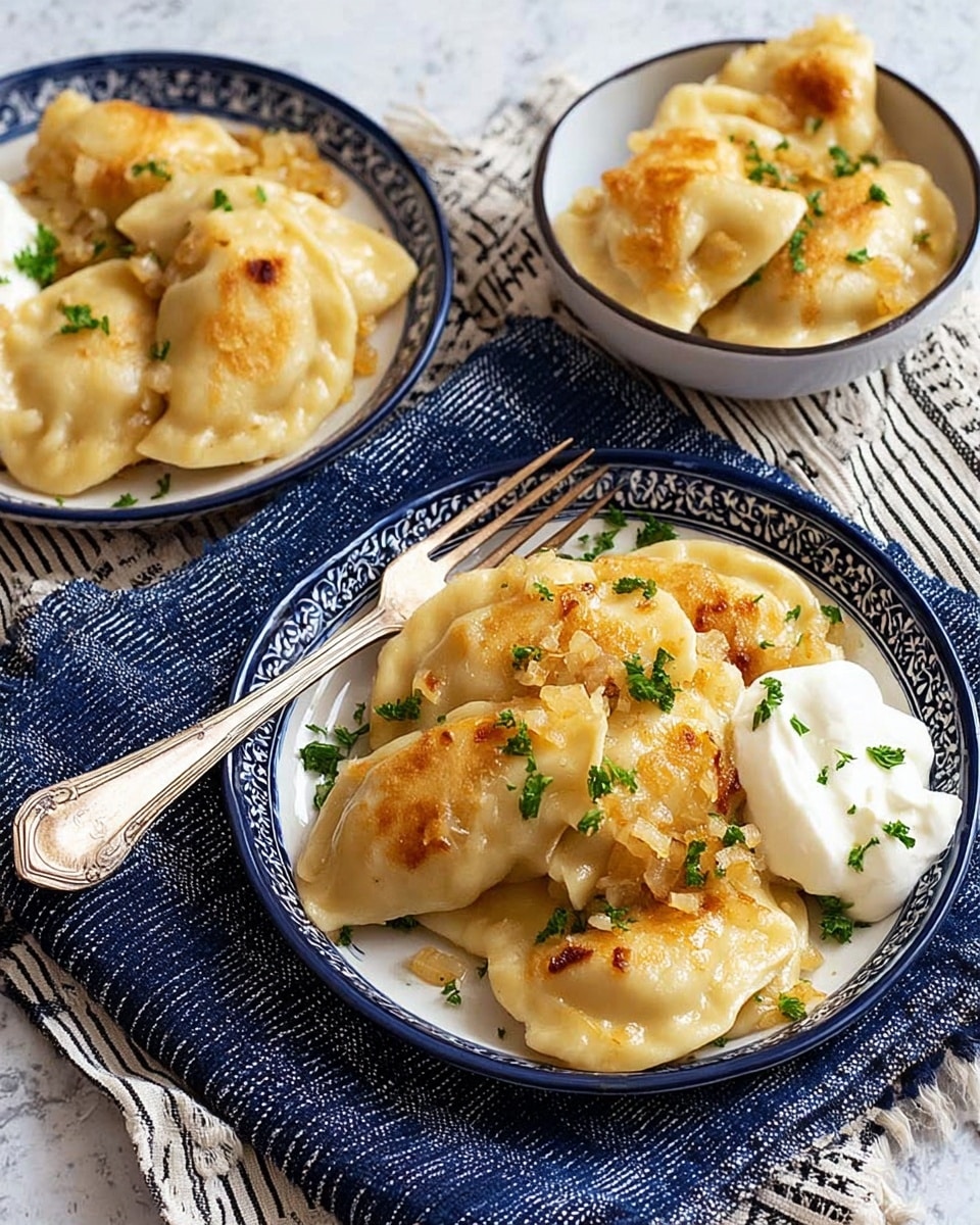 The image shows two white plates and one white bowl filled with golden-brown pierogi dumplings, each plate holding about three to four pieces. The pierogis have a slightly shiny surface with light crisp spots and are topped with small pieces of cooked onion and sprinkles of chopped green parsley. A dollop of white sour cream with a smooth texture is placed on the side of each plate. The plates and bowl are set on a white marbled surface with a dark blue woven cloth and a white cloth with black stripes underneath. Two silver forks with detailed handles are placed on the plates, one resting on the dumplings and the other on the side near the dollop of sour cream. photo taken with an iphone --ar 4:5 --v 7
