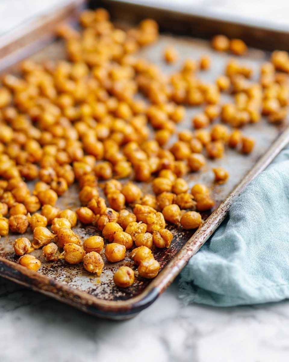 The image shows a close-up of one layer of golden-brown roasted chickpeas spread unevenly on a worn, metal baking tray with dark edges, resting on a white marbled surface. The chickpeas have a crisp texture with some slightly darker spots from roasting. A soft, light blue cloth is partially visible, tucked under the tray on the right side. The background is blurred and light, putting focus on the chickpeas and the baking tray. Photo taken with an iphone --ar 4:5 --v 7