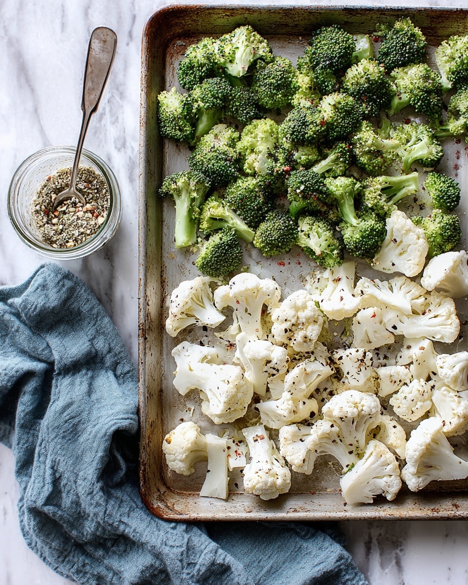 The image shows a baking tray with two layers of vegetables: the top left half is filled with small bright green broccoli florets with a rough and bumpy texture, while the bottom right half displays sliced white cauliflower pieces sprinkled with black pepper and seasoning flakes. To the left of the tray is a small glass jar filled with mixed spices and a spoon sticking out, placed on a folded blue cloth on a white marbled surface. The baking tray edges have a worn metallic look with a slightly rusty tone. photo taken with an iphone --ar 4:5 --v 7