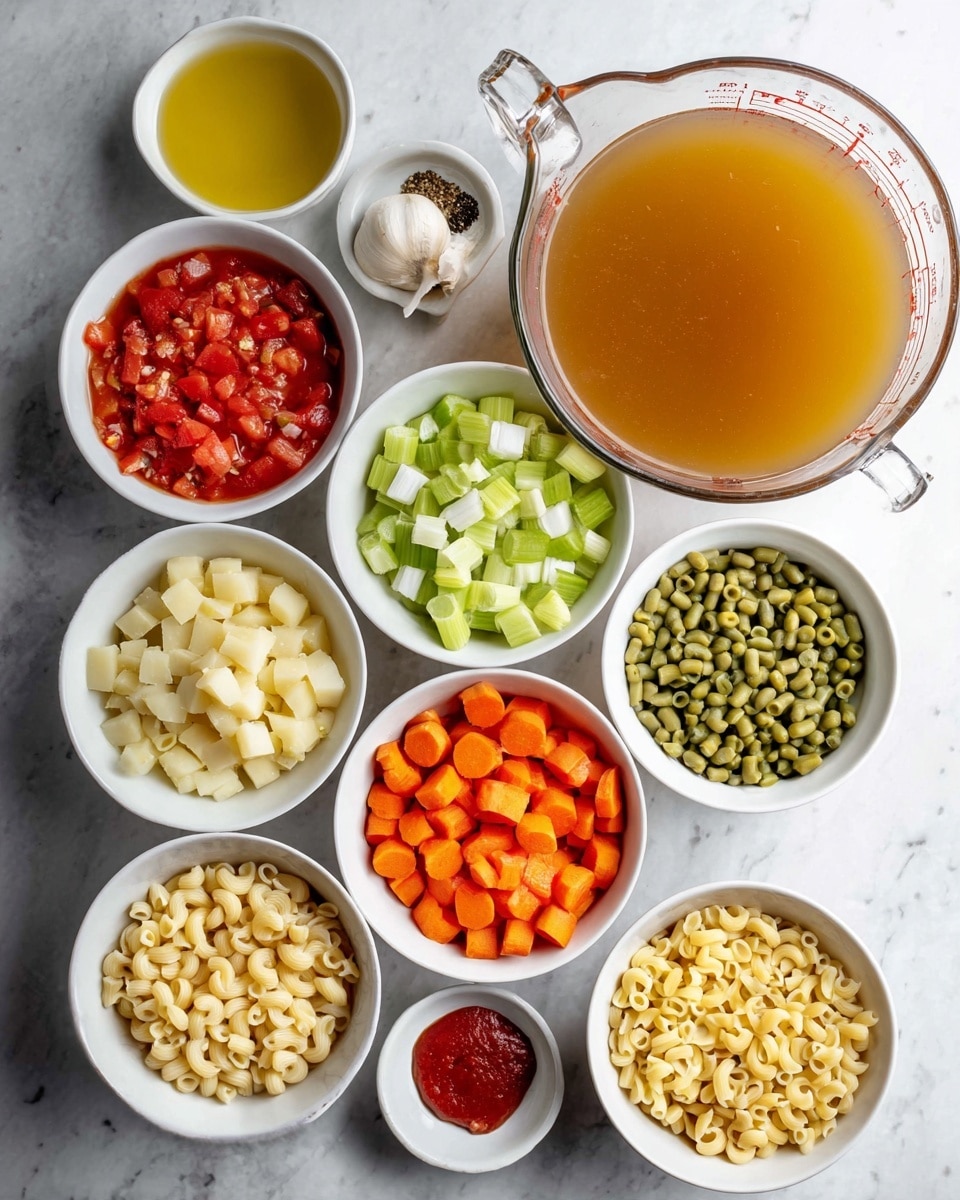The image shows several white bowls and a large measuring cup arranged on a white marbled surface. The large glass measuring cup at the top right contains a clear golden broth. Surrounding it are white bowls with different ingredients: diced red tomatoes in sauce, diced light yellow potatoes with skin, chopped white onions, sliced green celery, green beans cut into pieces, diced orange carrots, cooked white beans, small yellow elbow macaroni, three garlic cloves, a small bowl of red tomato paste, and a small bowl with golden olive oil and salt and pepper visible on a separate small plate. photo taken with an iphone --ar 4:5 --v 7