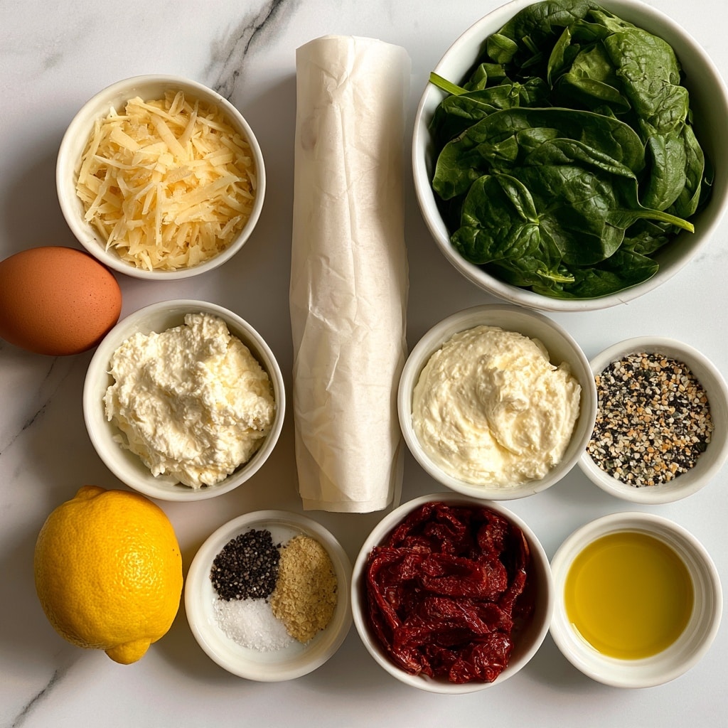 The image shows various fresh ingredients arranged neatly on a white marbled surface. At the top right, there is a white bowl filled with fresh dark green spinach leaves. Below and to the left of the spinach, a roll of puff pastry is placed vertically, wrapped in white paper. Around it are small white bowls holding shredded pale yellow parmesan cheese, creamy white ricotta cheese, sun-dried tomatoes with a deep red wrinkled texture, and seasoning items including salt and pepper (black and white granules), everything seasoning with mixed black, white, and tan seeds, and garlic powder which is light beige. A brown egg and a bright yellow lemon are positioned on the left side, and a small white bowl with golden yellow olive oil is near the bottom right. All elements are clearly labeled with bold black and white text above each ingredient. The setting is clean and bright, showcasing fresh and colorful ingredients. photo taken with an iphone --ar 4:5 --v 7