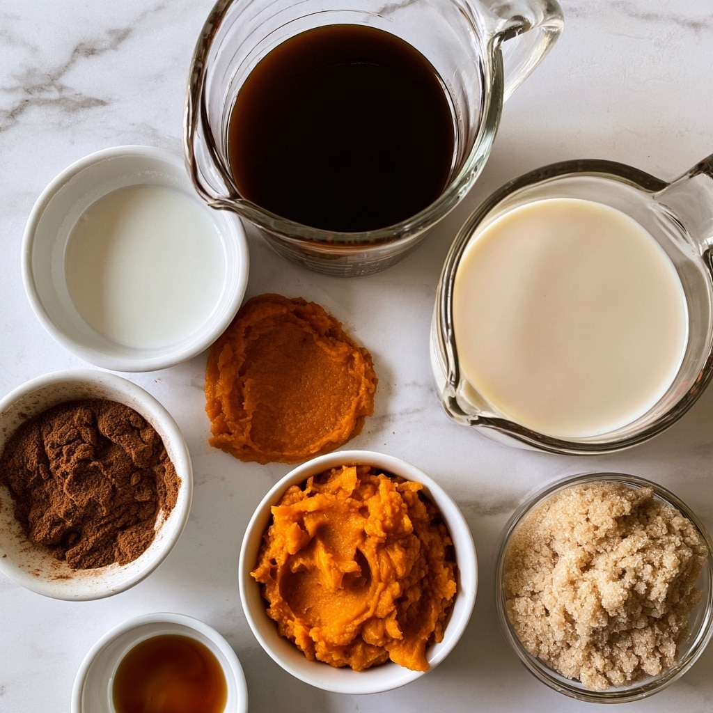 A clear glass measuring cup filled with dark brown coffee is at the top center of the image. Below it, slightly to the right, is another clear glass measuring cup filled with light cream-colored milk. To the left of the milk is a small white bowl with a white heavy cream liquid inside. Below the heavy cream, there is a small white bowl with a bright orange pumpkin puree. To the left of the pumpkin is a small white bowl with dark brown pumpkin pie spice powder. At the bottom right, there is a small clear bowl filled with packed light brown sugar. At the far left bottom corner, there is a tiny white bowl containing a small amount of amber-colored vanilla extract. All items are placed on a white marbled surface. photo taken with an iphone --ar 4:5 --v 7