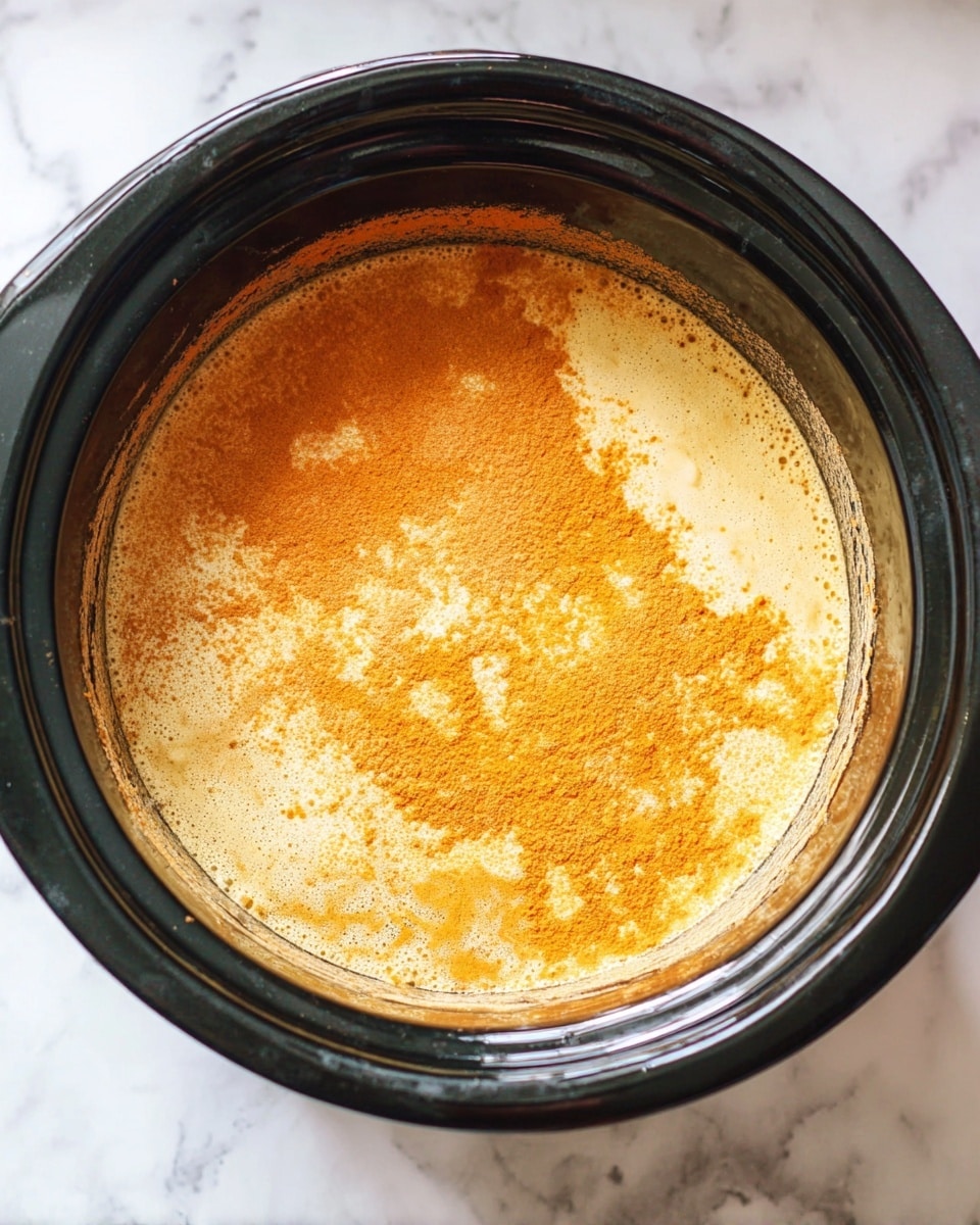 A black slow cooker filled with a single liquid layer that is pale creamy at the base with an uneven orange powdery layer spread on top, showing a textured pattern as the colors blend slightly near the edges, sitting on a white marbled surface photo taken with an iphone --ar 4:5 --v 7