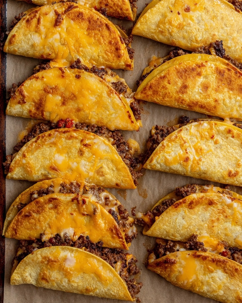 The image shows several crispy folded tacos arranged close together on a baking tray lined with brown parchment paper. Each taco has a golden-brown outer tortilla with a slight toasted texture. Inside, there is a thick layer of cooked ground meat mixed with melted cheese, which bubbles out and crisps around the edges, forming a slightly rough, lacy border of golden melted cheese. The background has a subtle white marbled texture beneath the tray. photo taken with an iphone --ar 4:5 --v 7